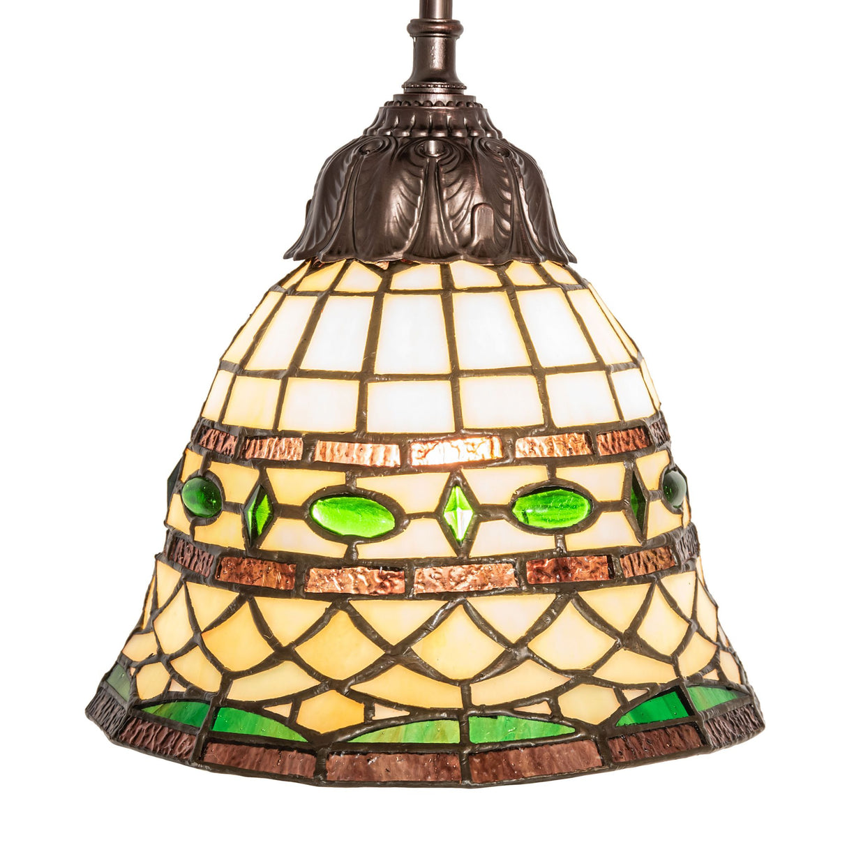 Close-up view of Tiffany Roman Mini Pendant’s detailed stained glass.