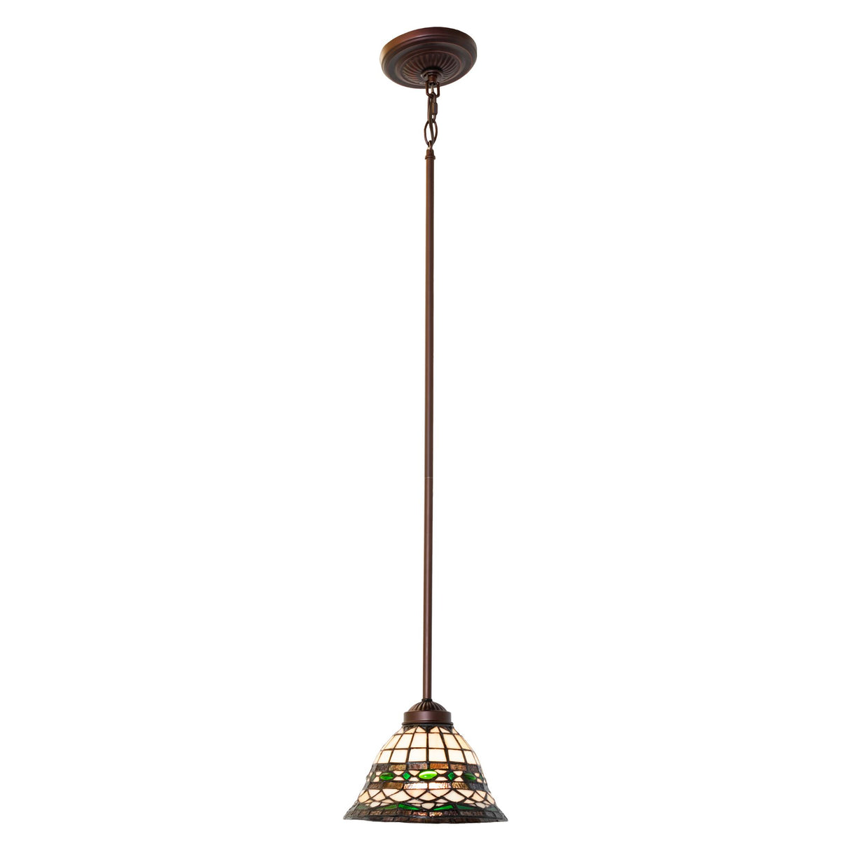 Full view of the Tiffany Roman Mini Pendant with intricate stained glass shade and mahogany bronze finish.