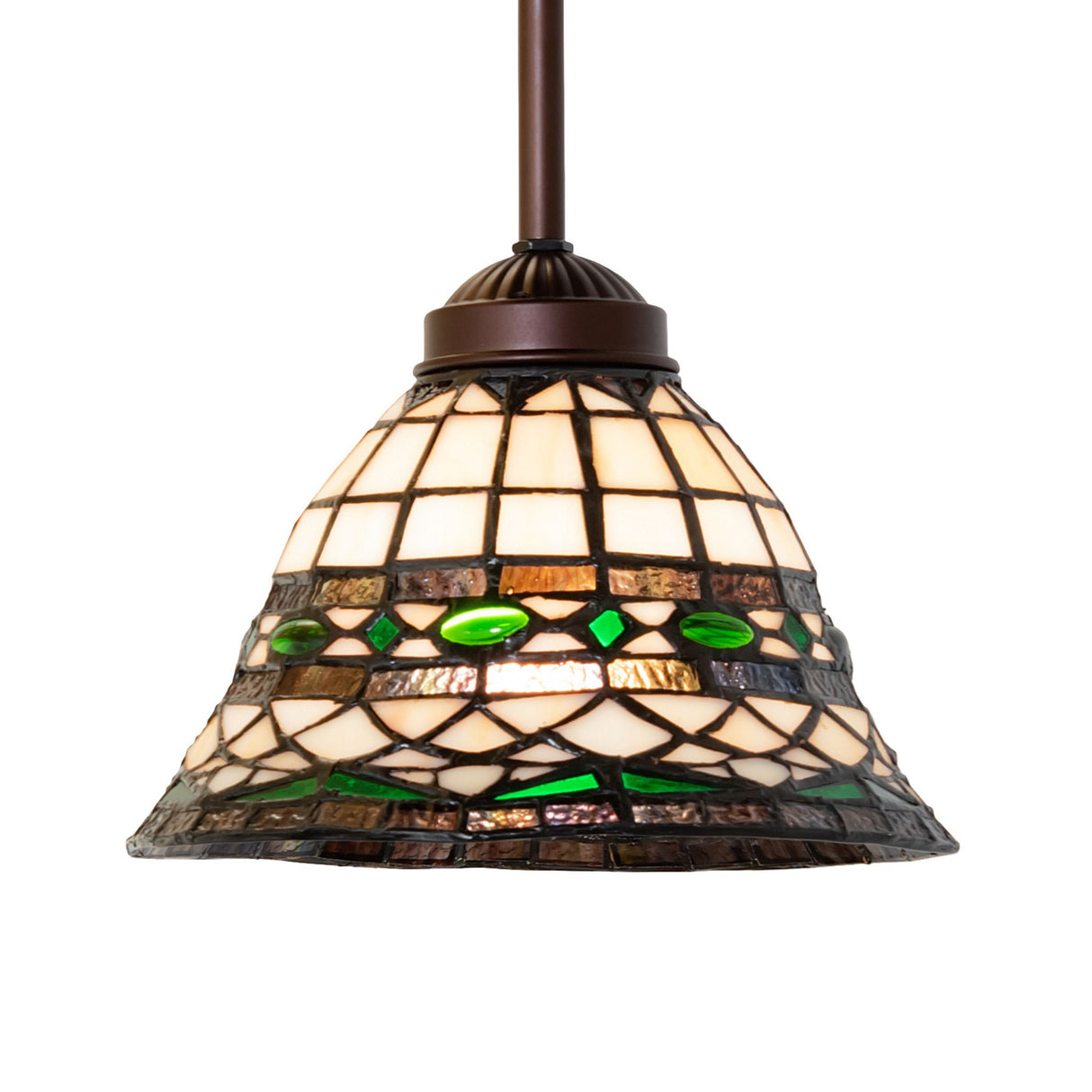 Tiffany Roman mini pendant illuminated, showcasing stained glass vibrance.