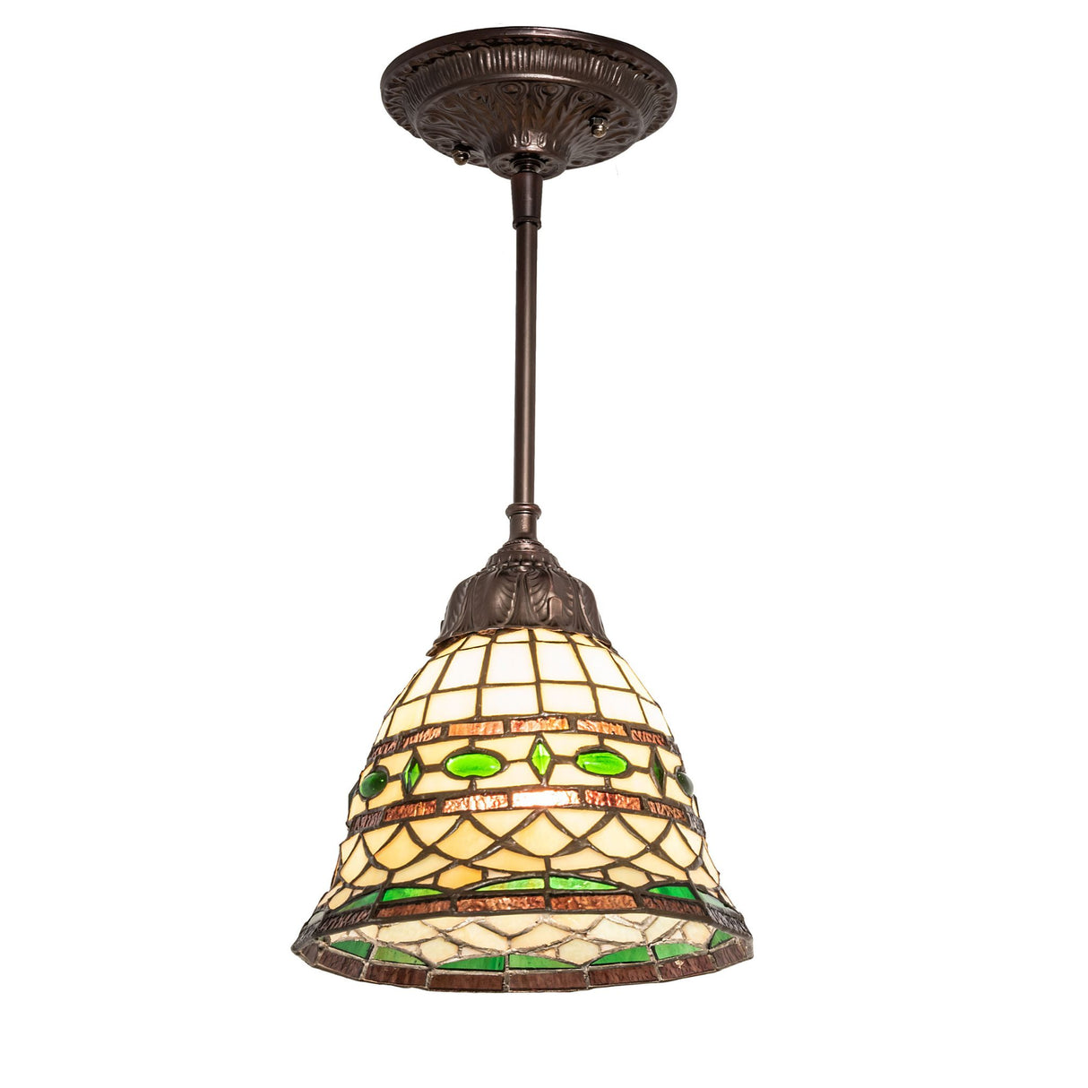Tiffany Roman Mini Pendant illuminated, showcasing its warm amber glow and intricate stained glass details.