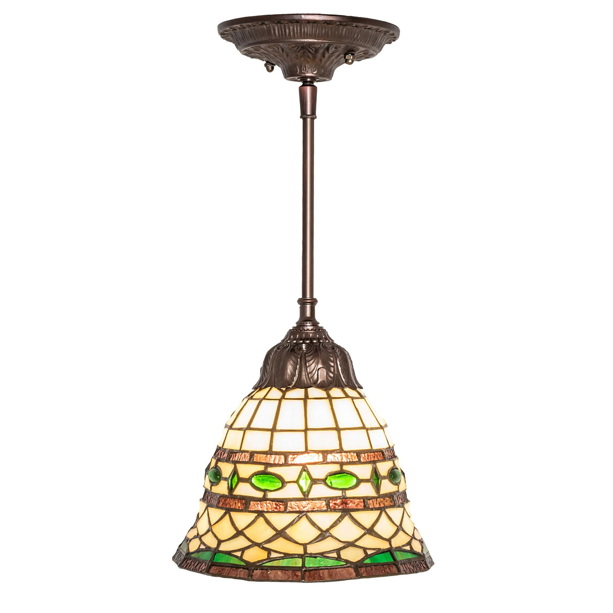 Side view of the Tiffany Roman Mini Pendant with bronze hardware.