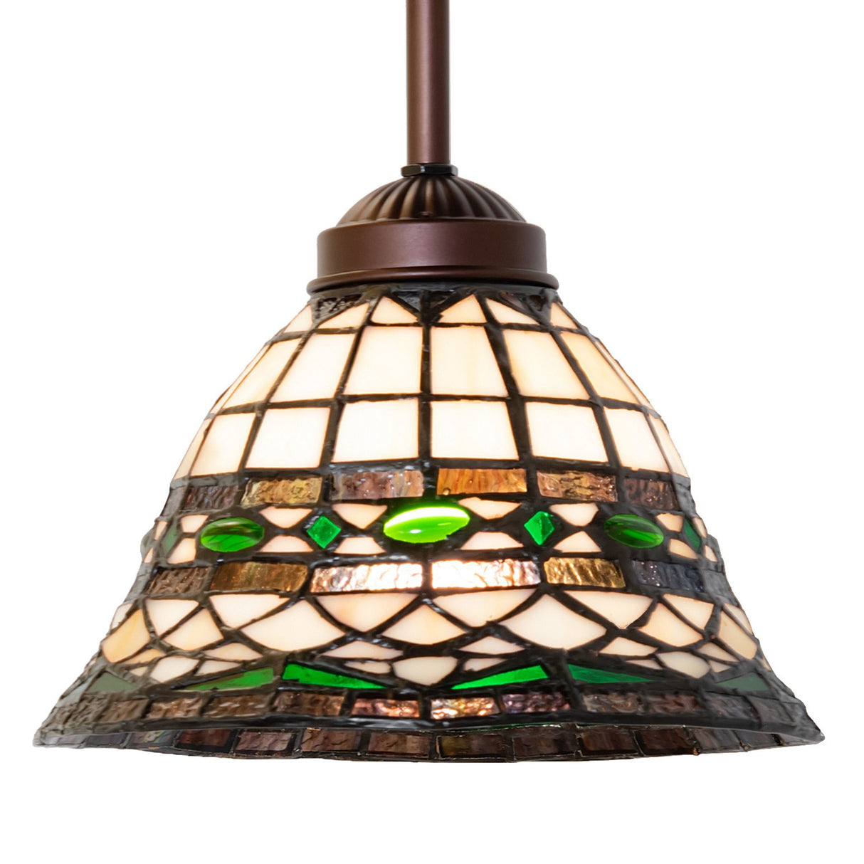 Side view of the Tiffany Roman mini pendant displaying stained glass artistry.