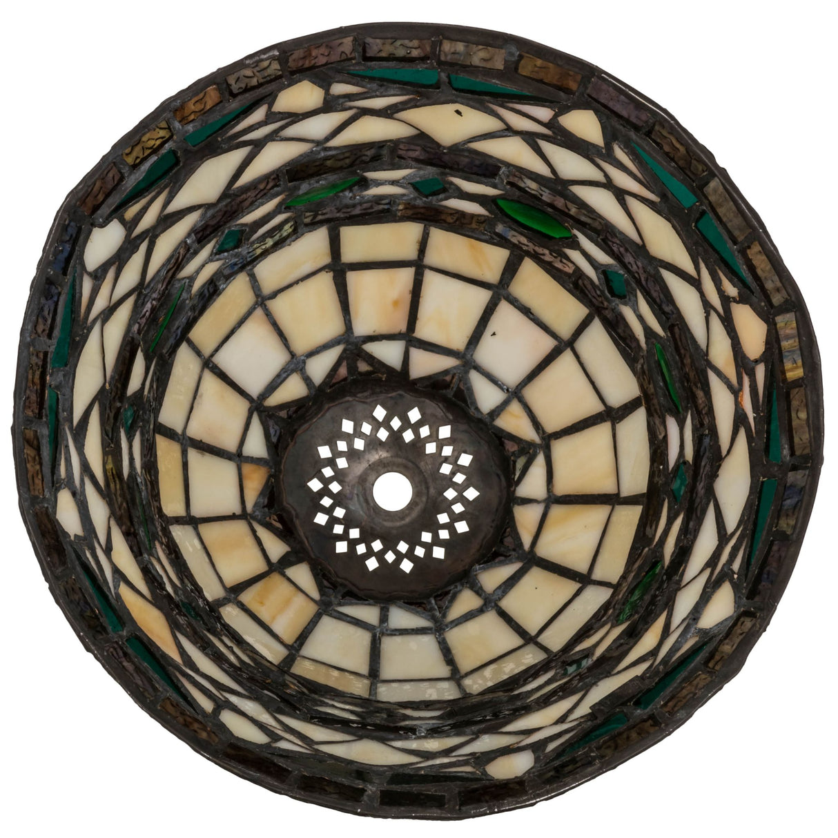 Bottom perspective of Tiffany Roman shade showing detailed glass patterns.