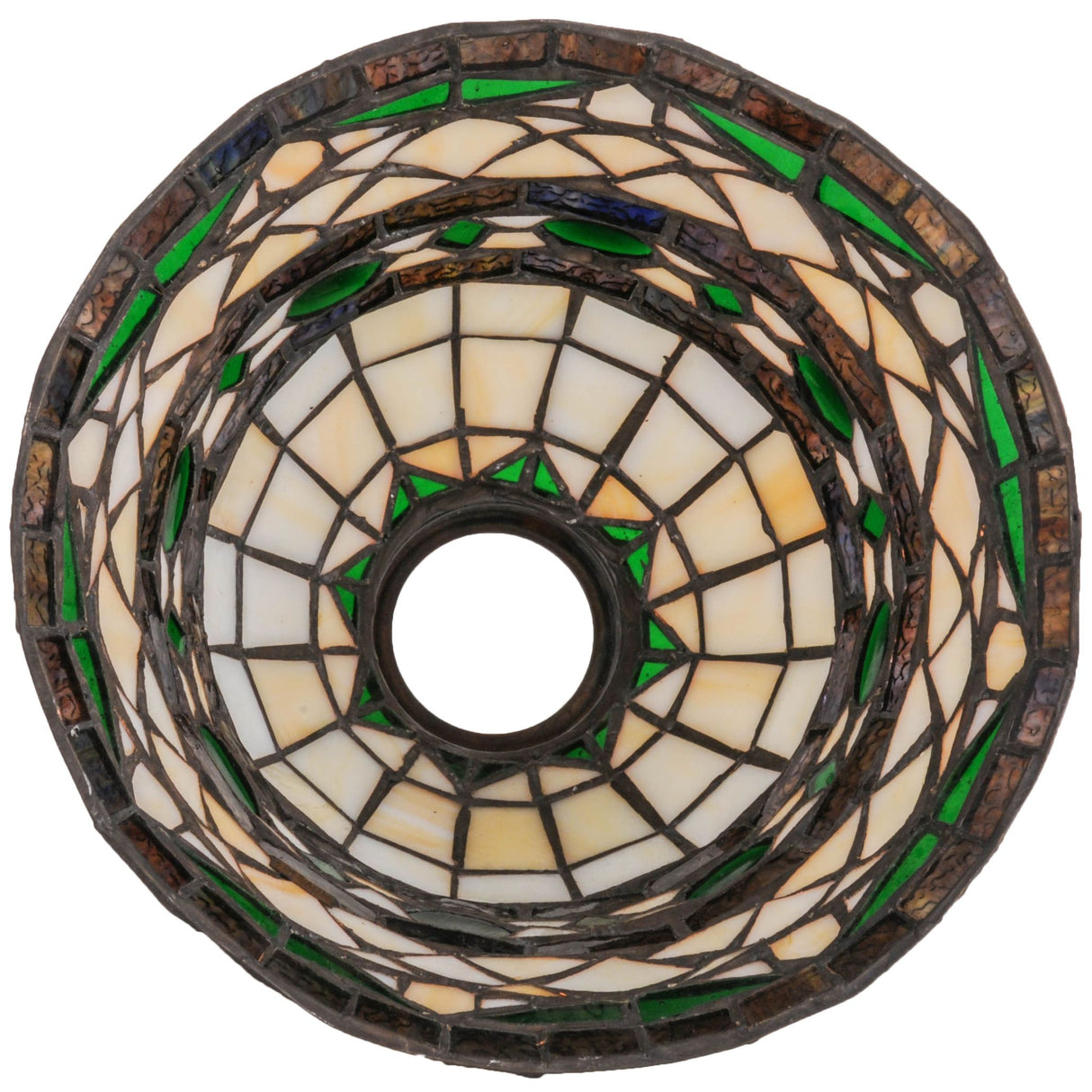 Bottom view of Tiffany Roman shade, displaying the symmetrical stained glass pattern.