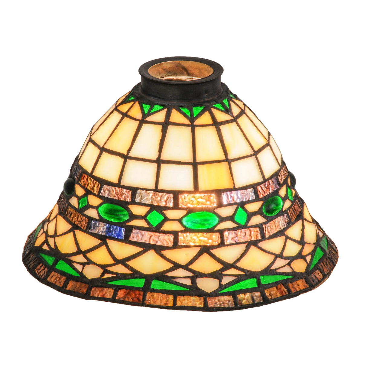 Tiffany Roman shade illuminated, showcasing emerald jewels and multi-colored granite glass bands.