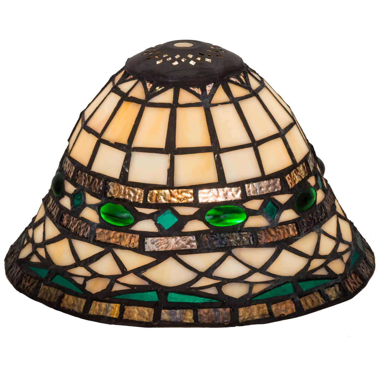 Lit view of Tiffany Roman shade illuminated with warm stained glass tones.