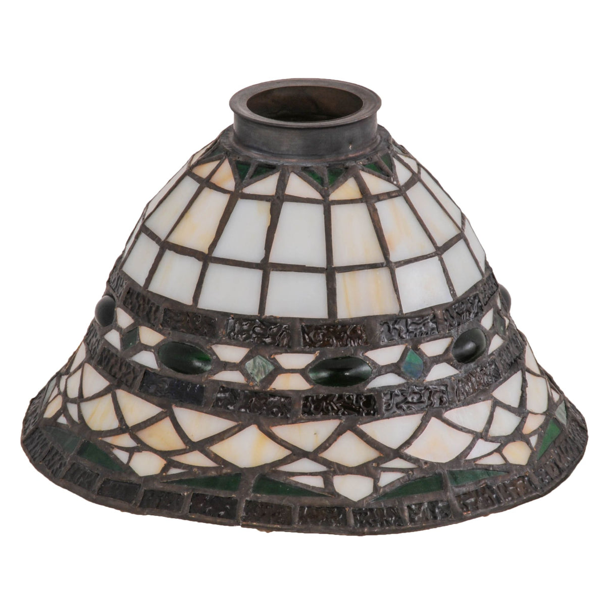 Tiffany Roman shade in an unlit state, highlighting intricate stained glass details.