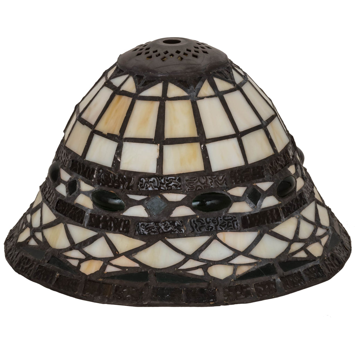 Unlit view of Tiffany Roman shade displaying intricate glasswork in natural lighting.