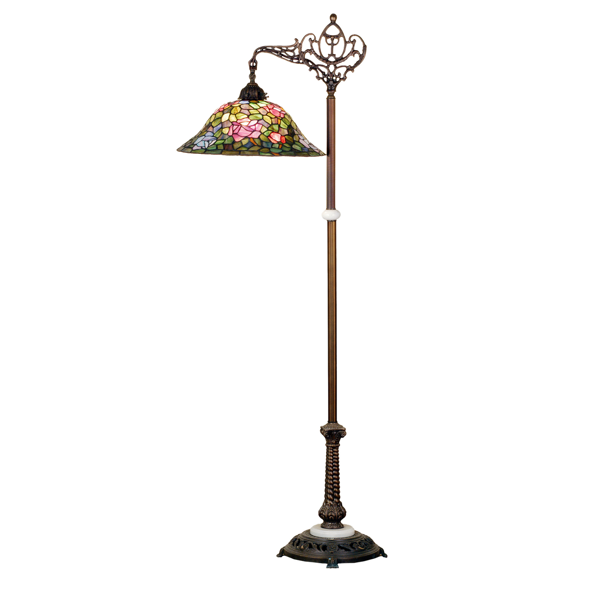 Main view of Rosebush Tiffany bridge arm floor lamp with floral stained glass shade.