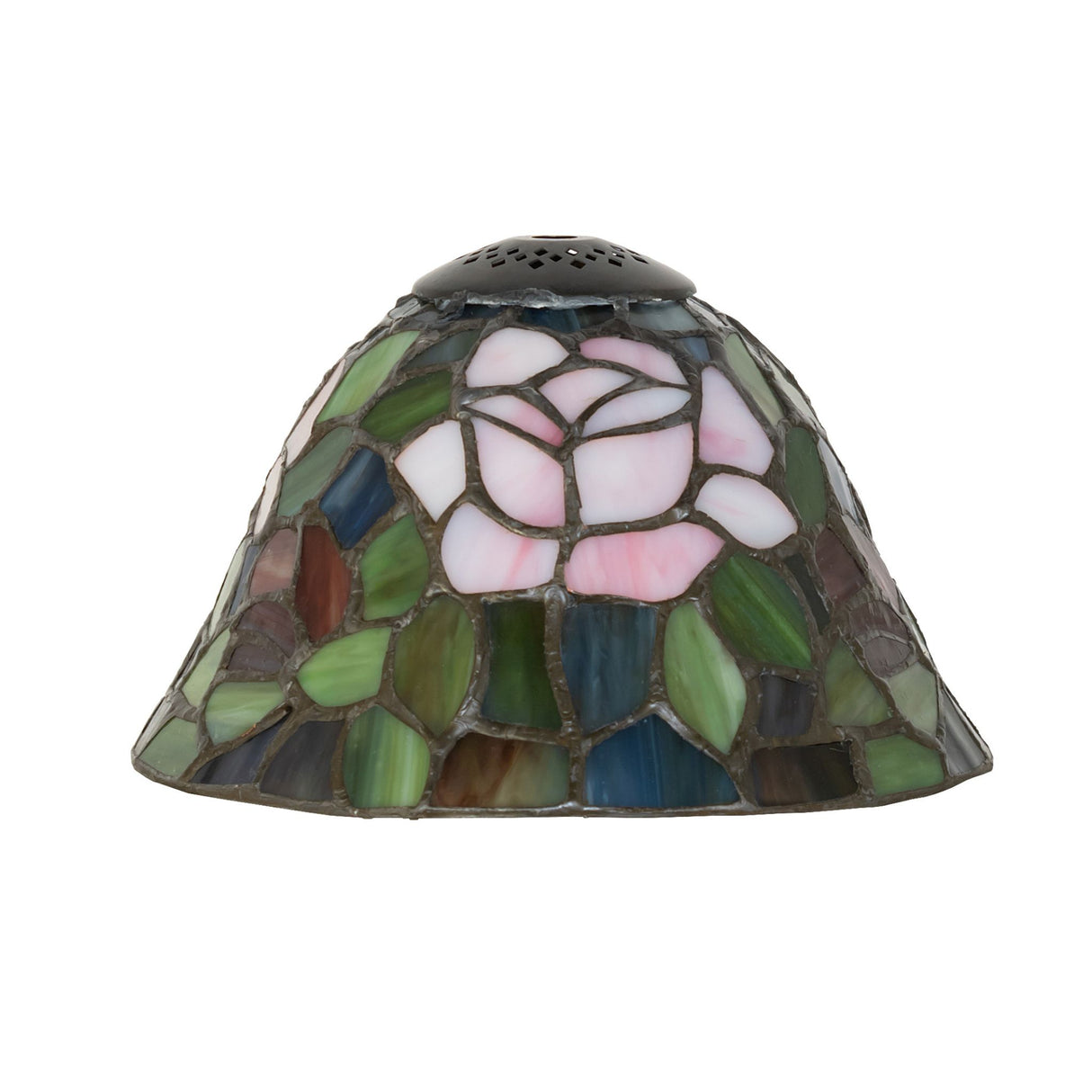 Tiffany Rosebush floral glass shade displaying pink and green stained glass.