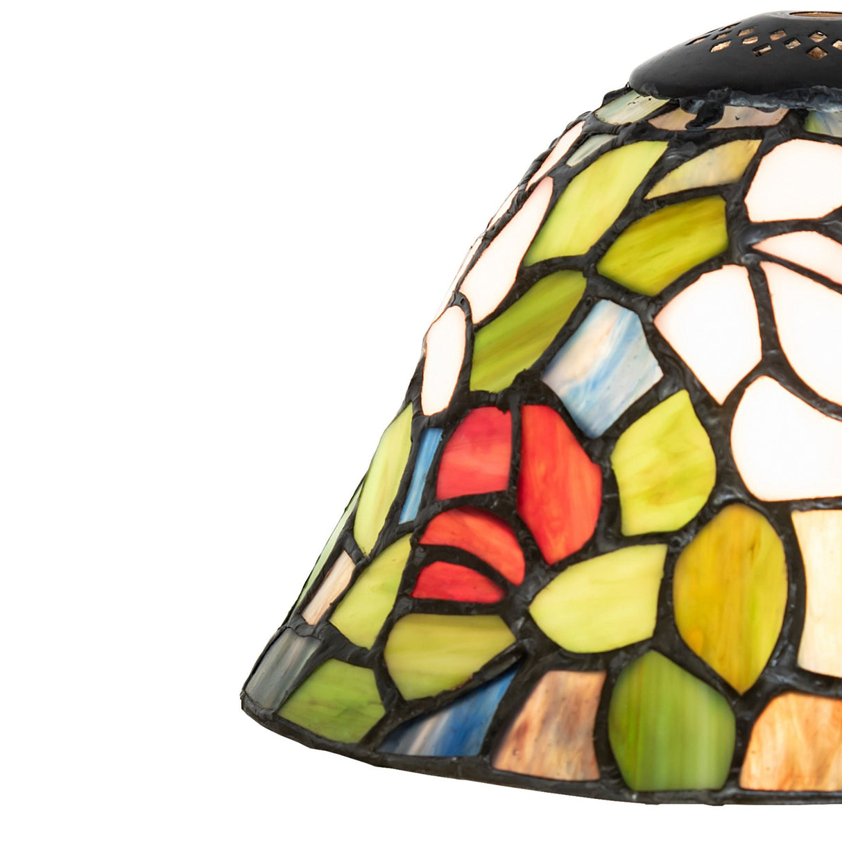 Close-up view of Tiffany Rosebush glass shade with vibrant floral pattern.