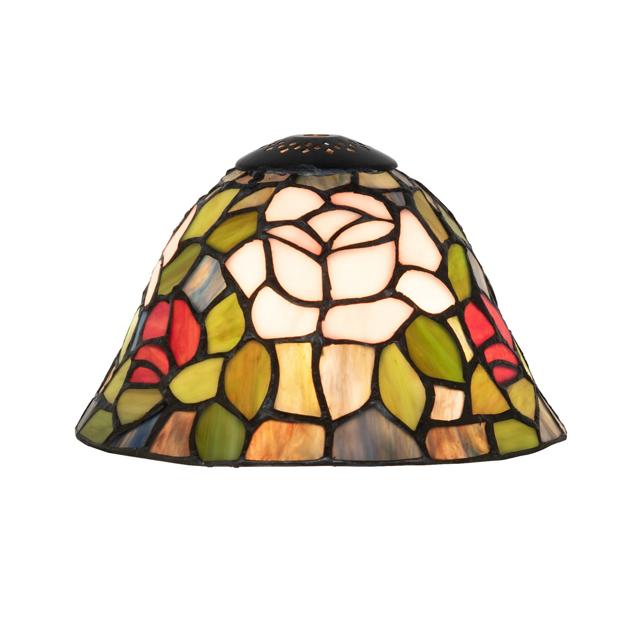 Front view of Tiffany Rosebush glass shade with vibrant floral pattern.