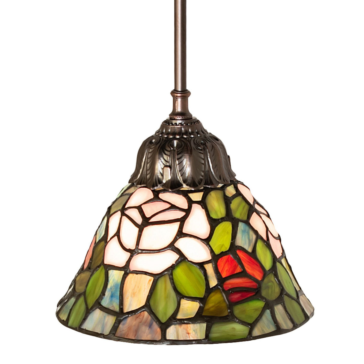 Tiffany Rosebush mini pendant showcasing vivid green and red leaves.