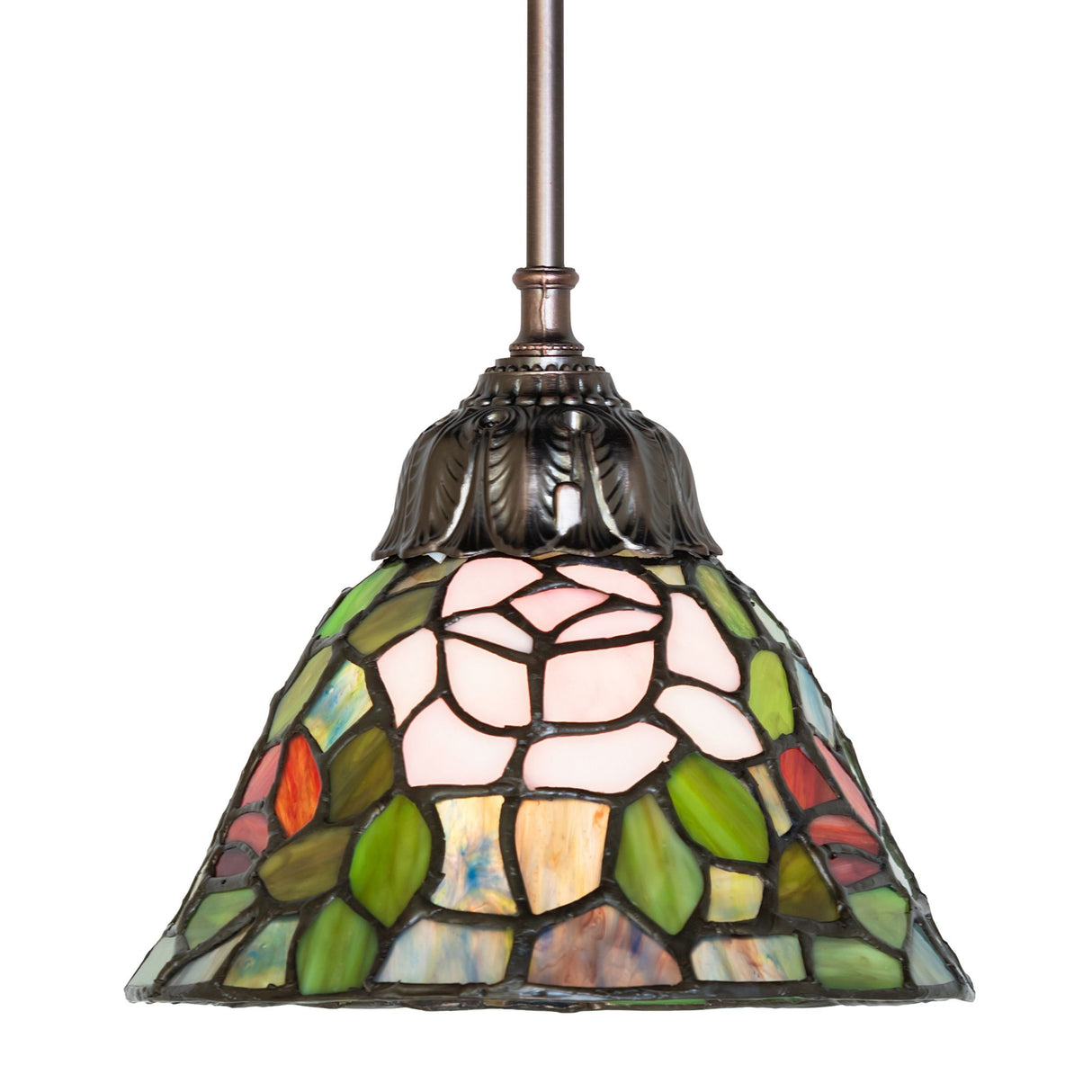 Side view of Tiffany Rosebush pendant emphasizing stained glass details.
