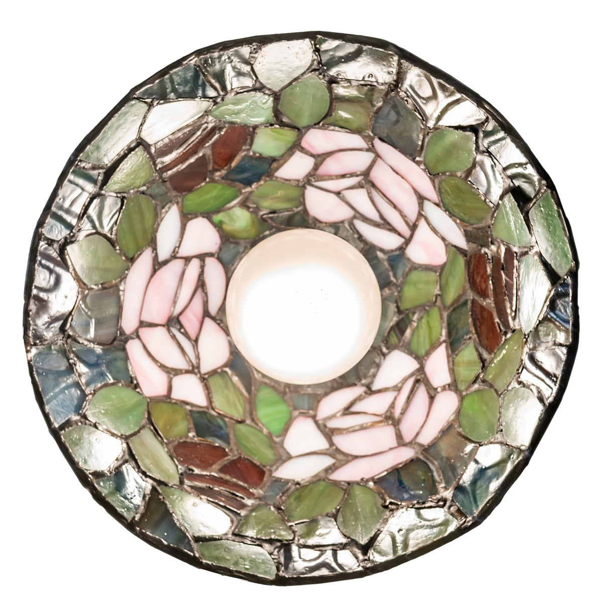 Top view of Tiffany Rosebush mini pendant floral pattern.