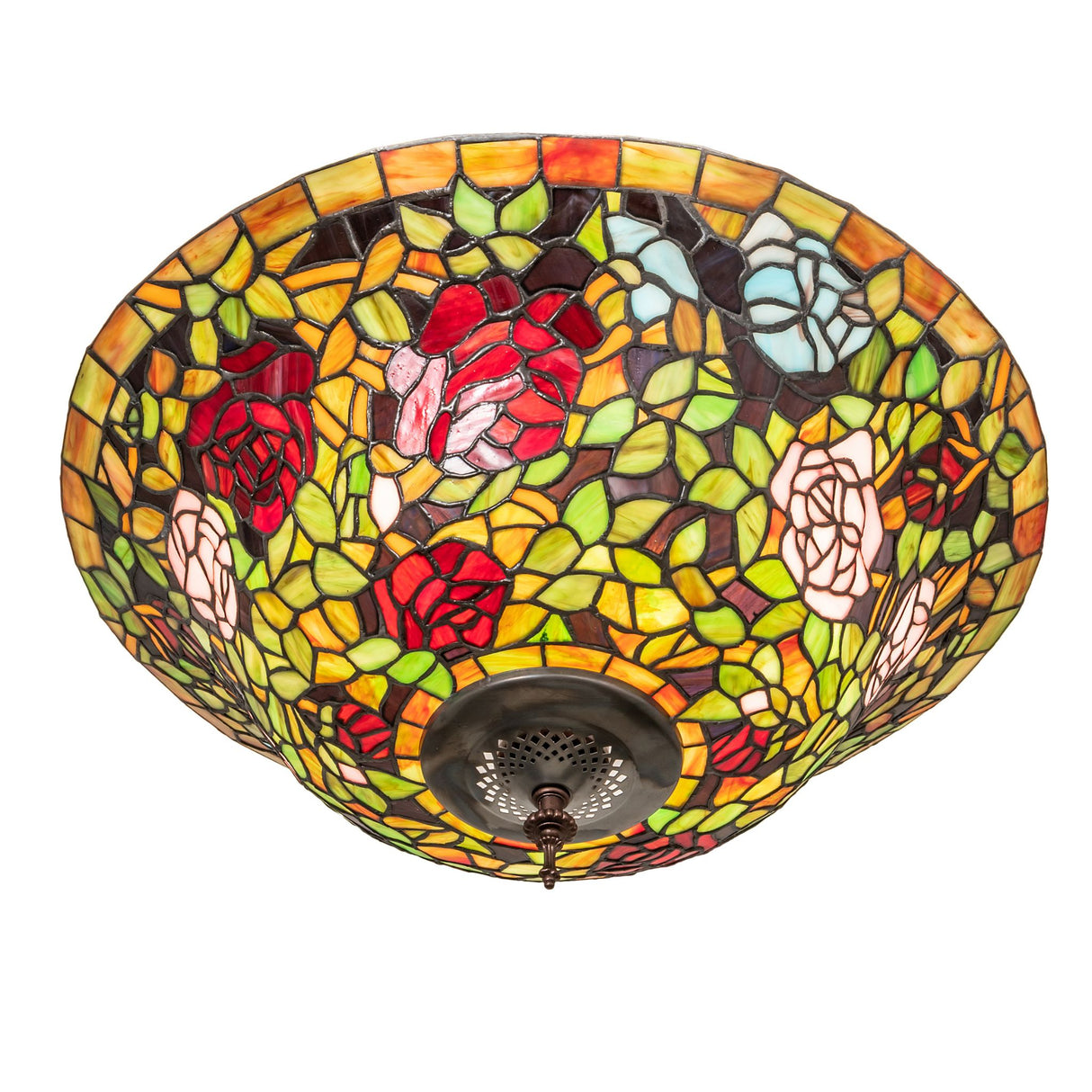 Bottom view of Tiffany Rosebush semi-flushmount showing base details.