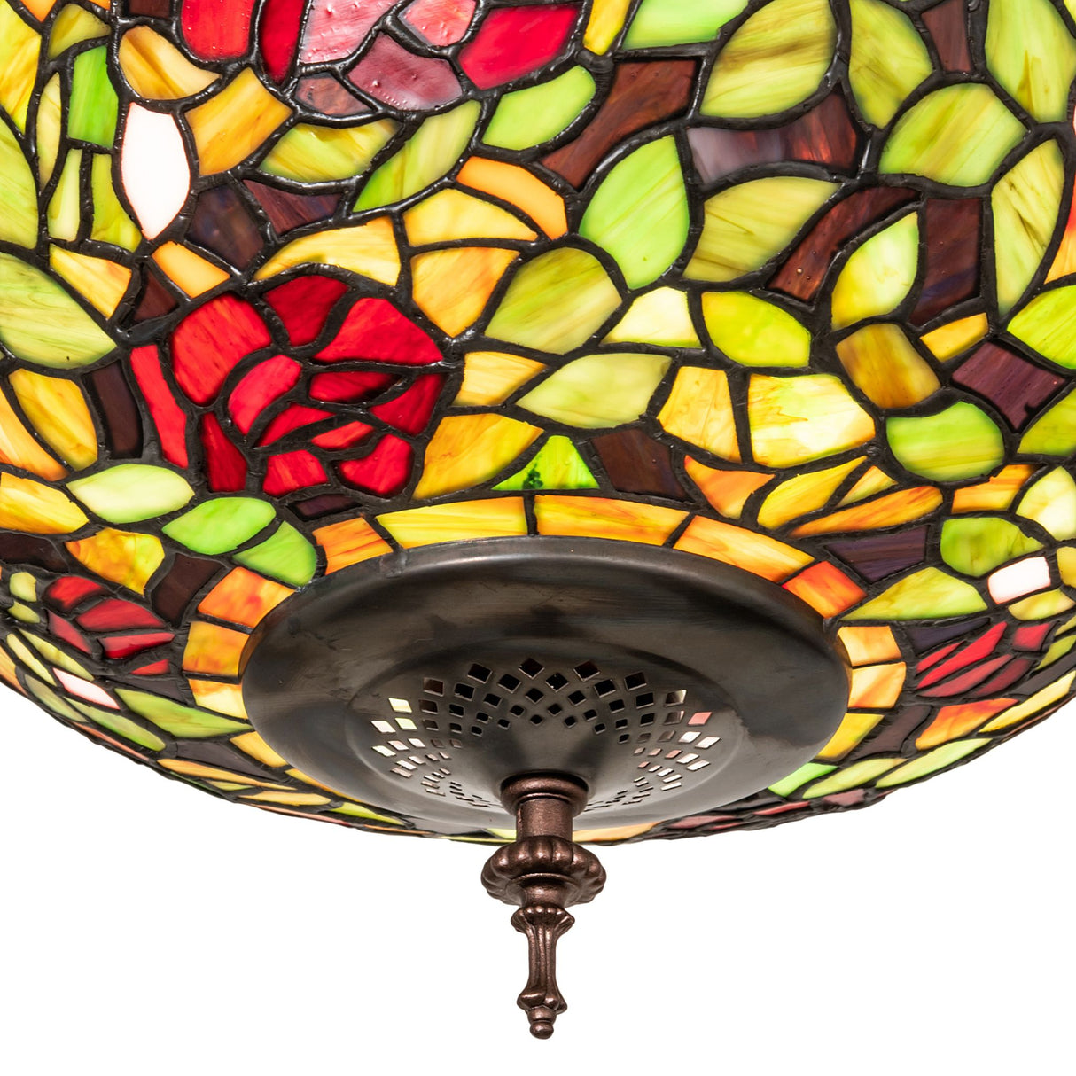 Closeup of Tiffany Rosebush semi-flushmount with vibrant floral design and bronze base.