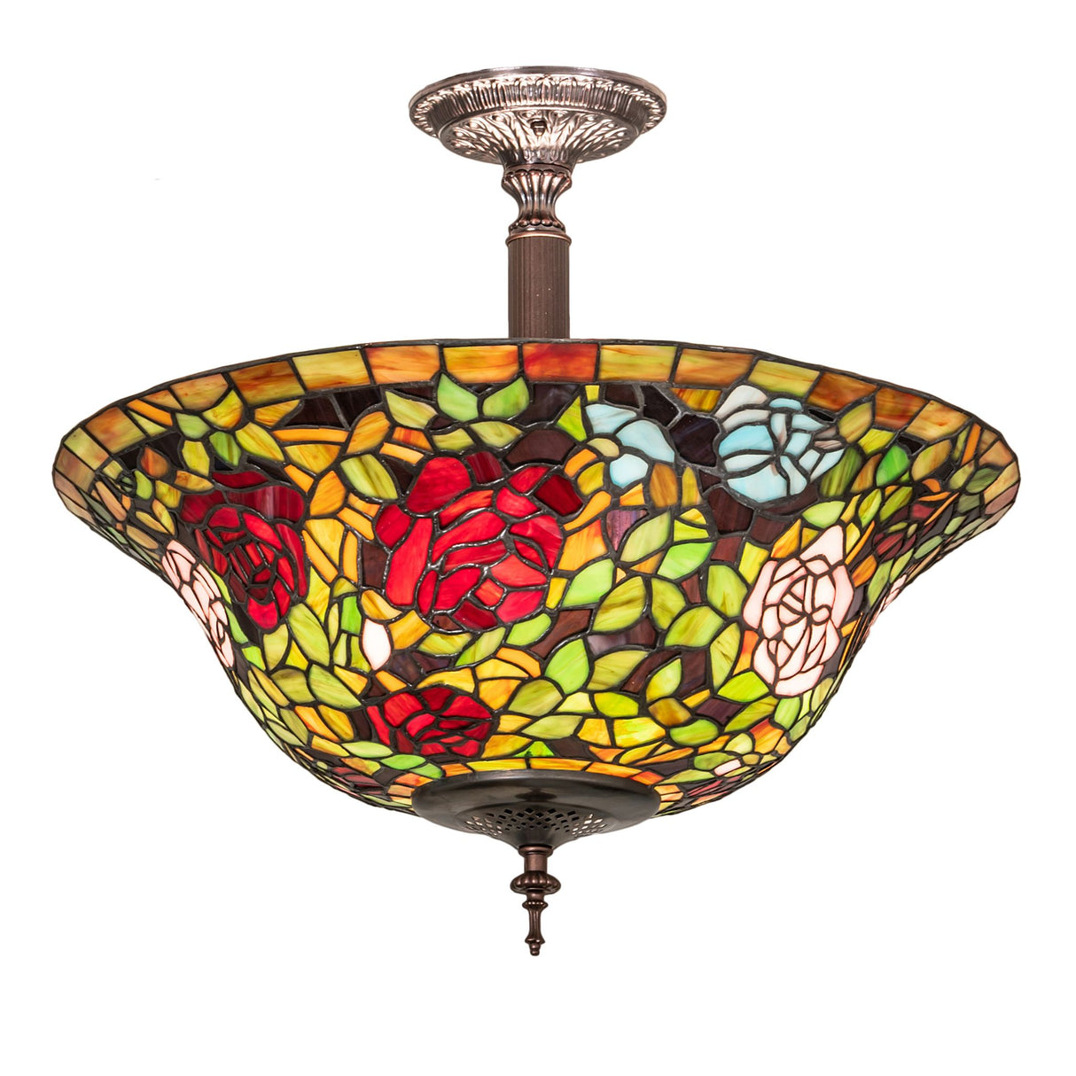 Front view of Tiffany Rosebush semi-flushmount with colorful floral glass design.