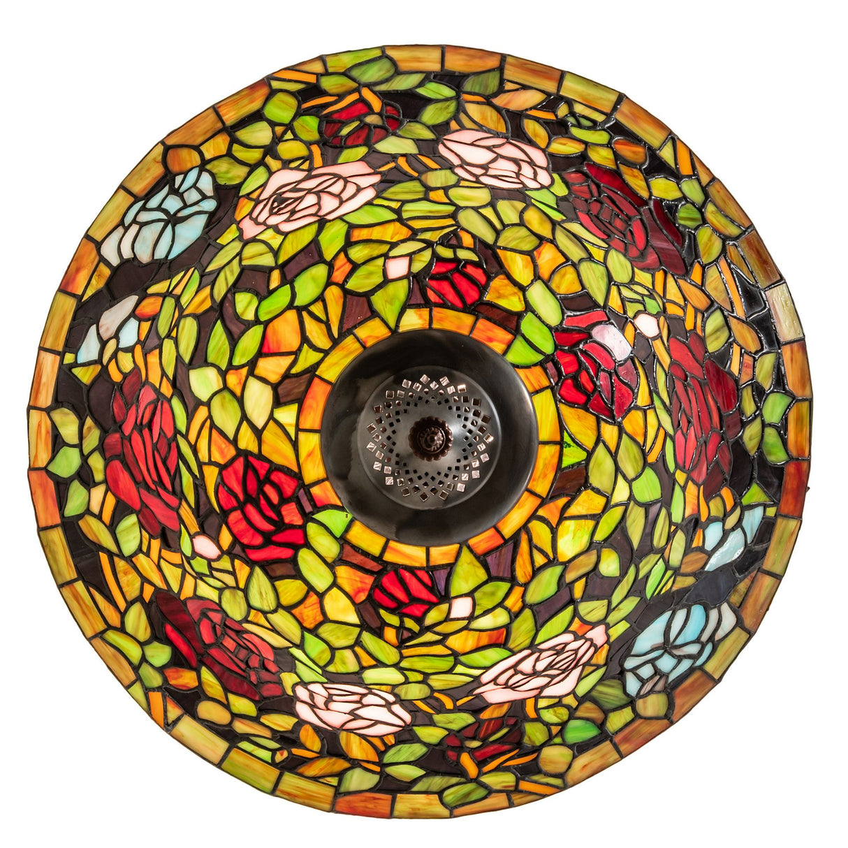 Top view of Tiffany Rosebush semi-flushmount showcasing intricate floral glass design.