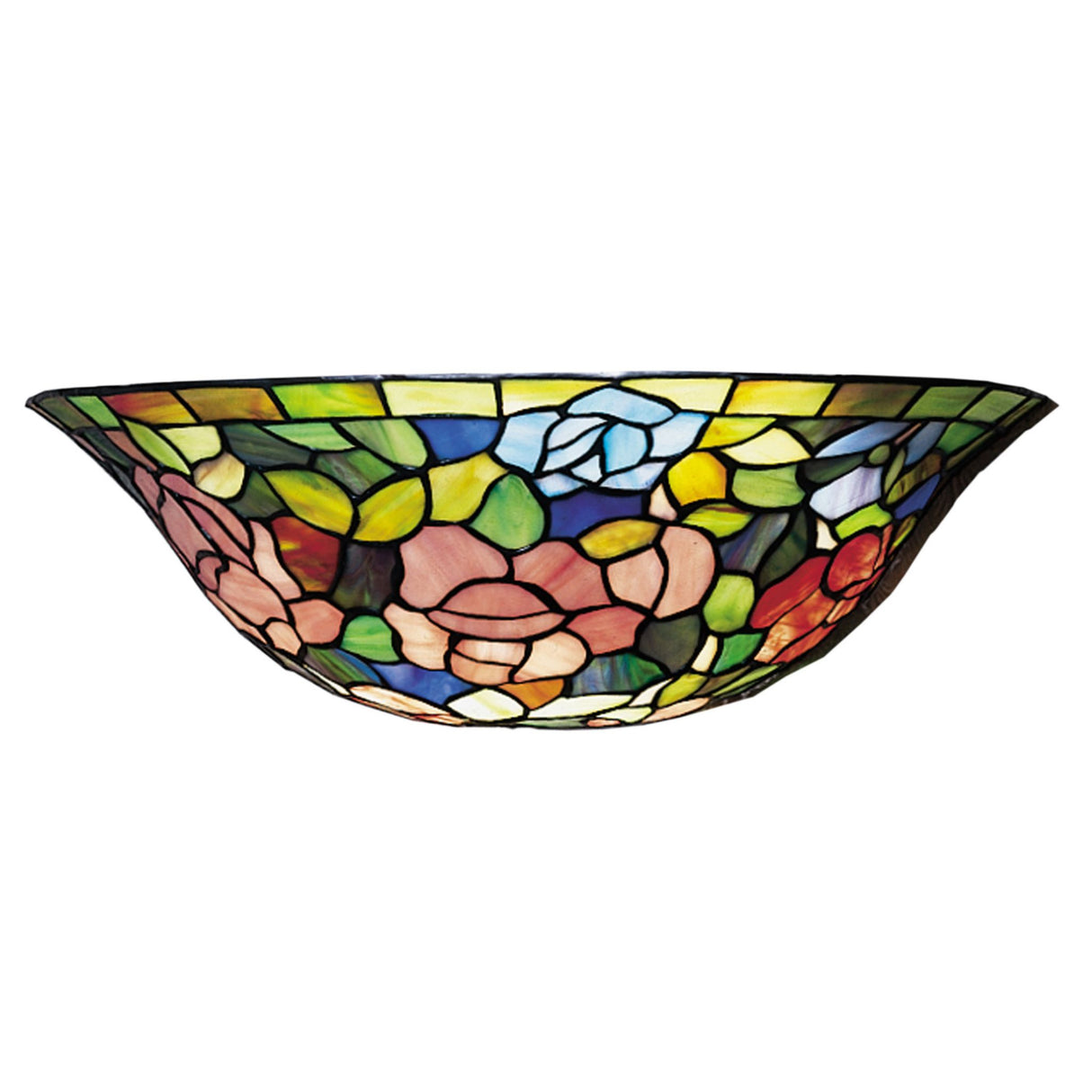 Side view of Tiffany Rosebush Wall Sconce featuring vibrant stained glass floral design.