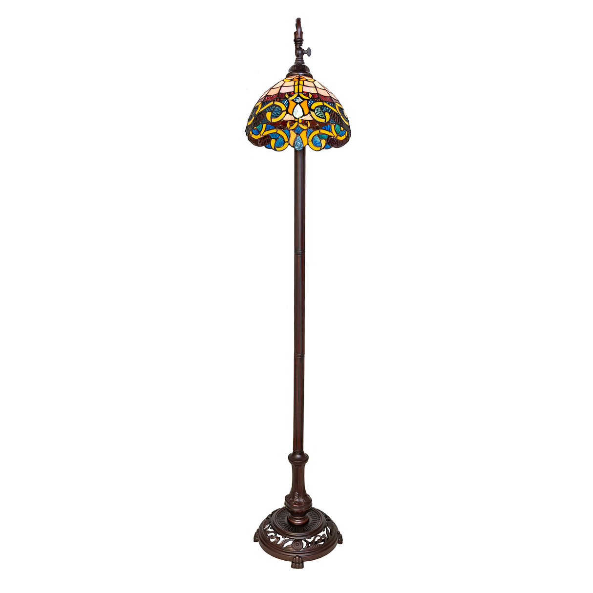 Front view of Tiffany Saturday Morning stained glass floor lamp.