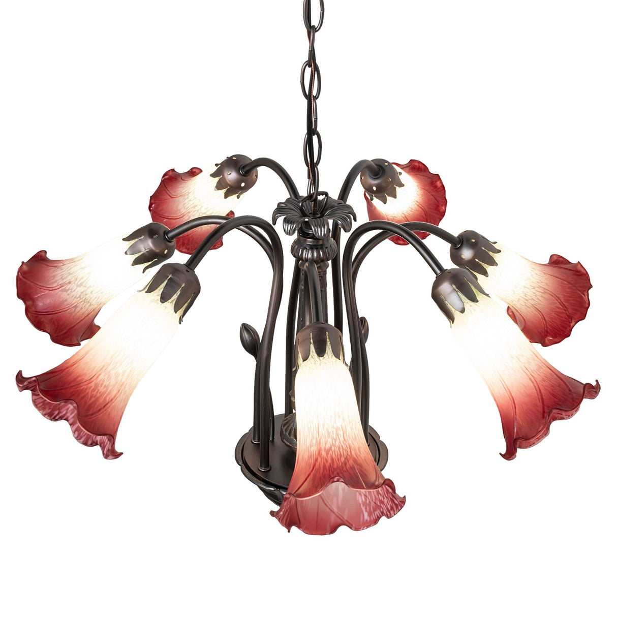 Seafoam and cranberry Tiffany chandelier with seven illuminated lily-shaped glass shades.