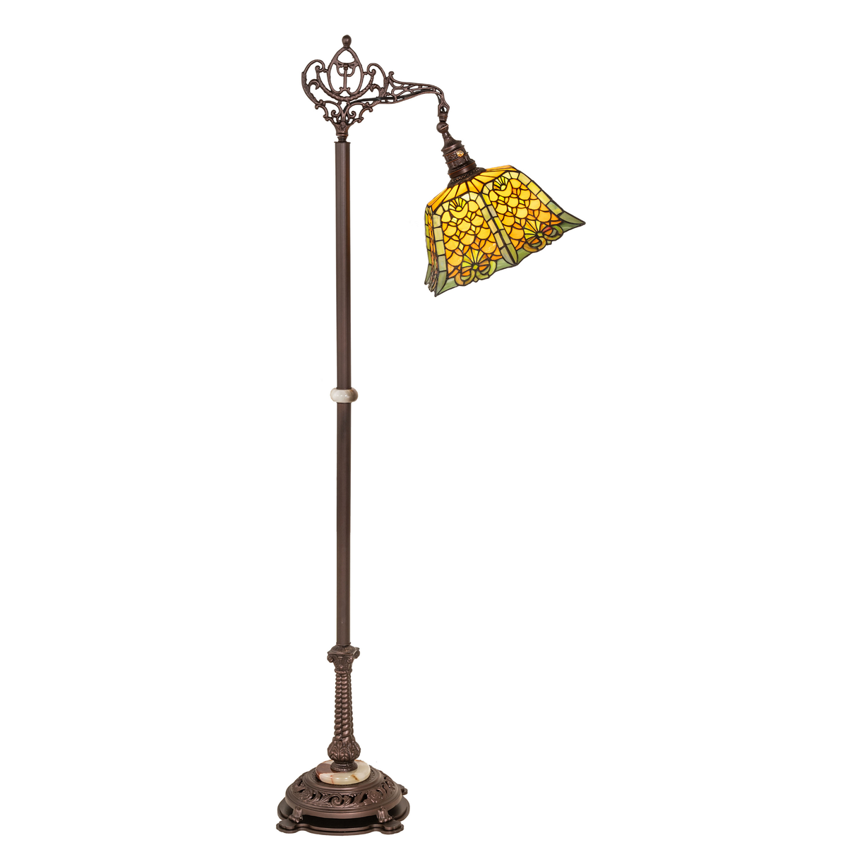 Side view of Shell & Diamond Tiffany bridge arm floor lamp.