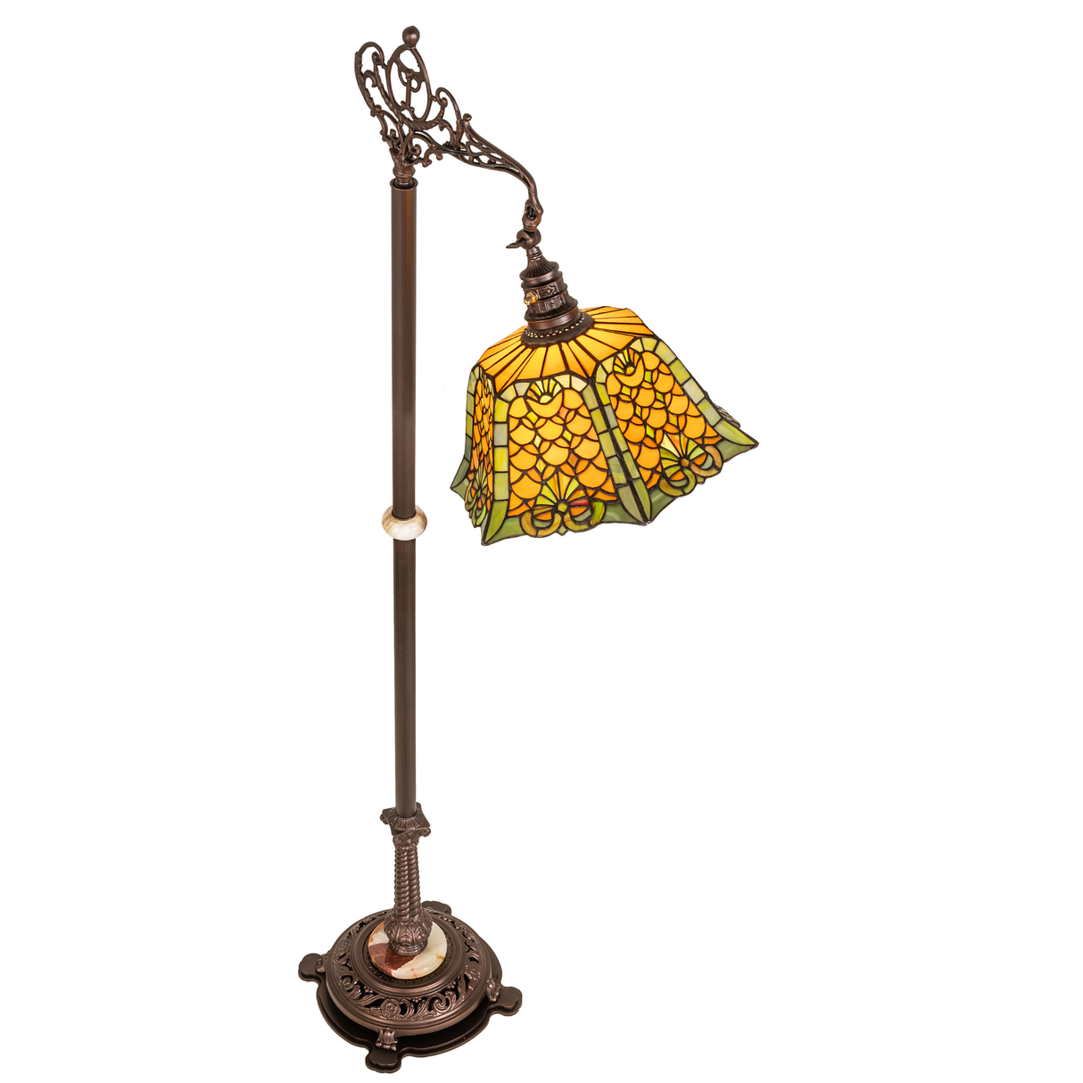 Top angled view highlighting the lamp’s glowing stained glass shade.