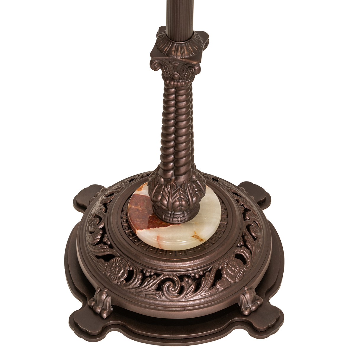 Close-up of the ornate mahogany bronze lamp base with marble accent.