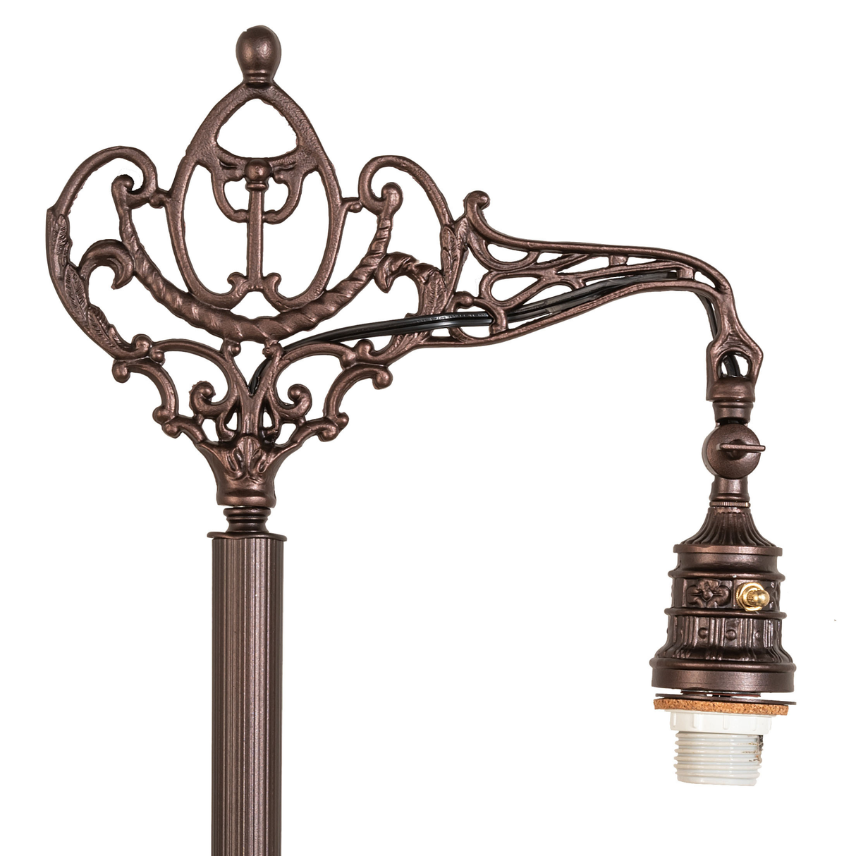Detailed view of the decorative mahogany bronze bridge arm.