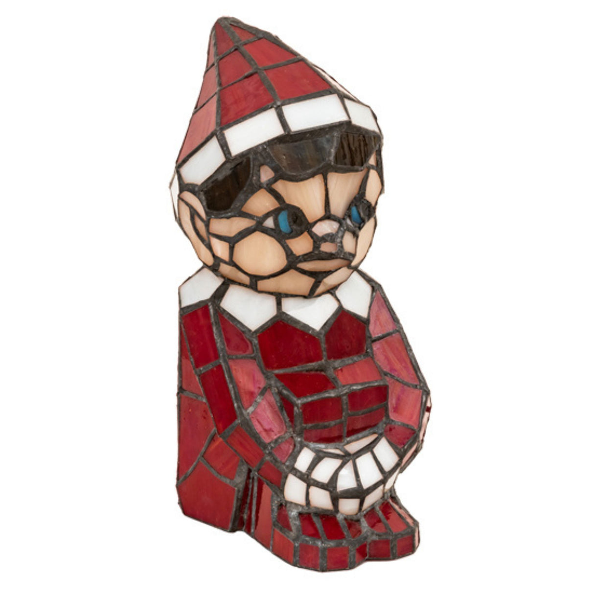 Tiffany-style red and white elf lamp with intricate glasswork.