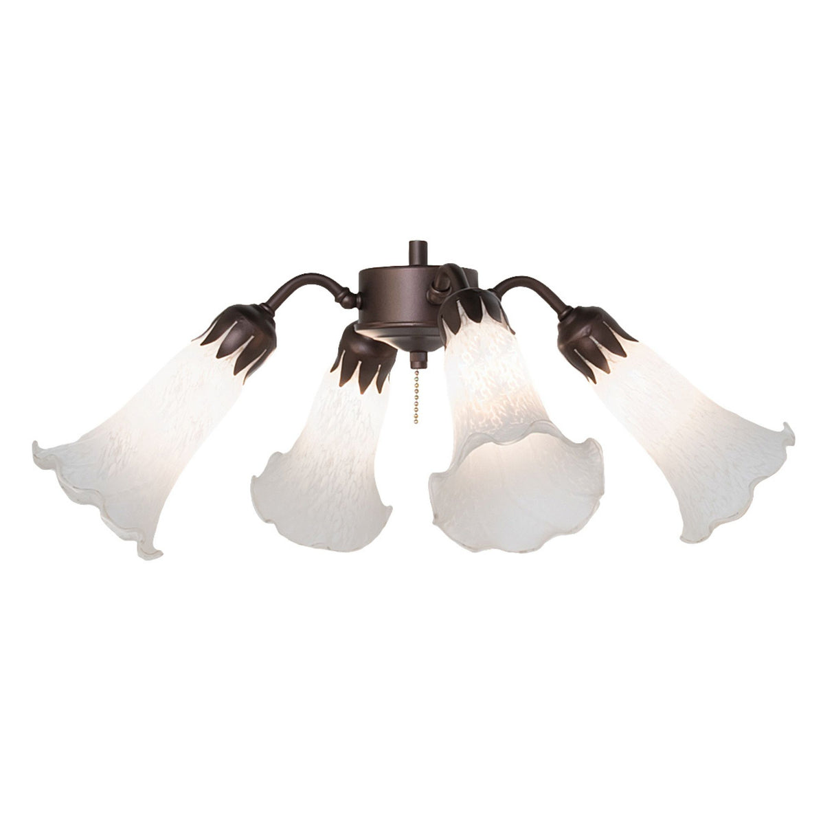 White Tiffany pond lily fan light fixture with floral glass shades.