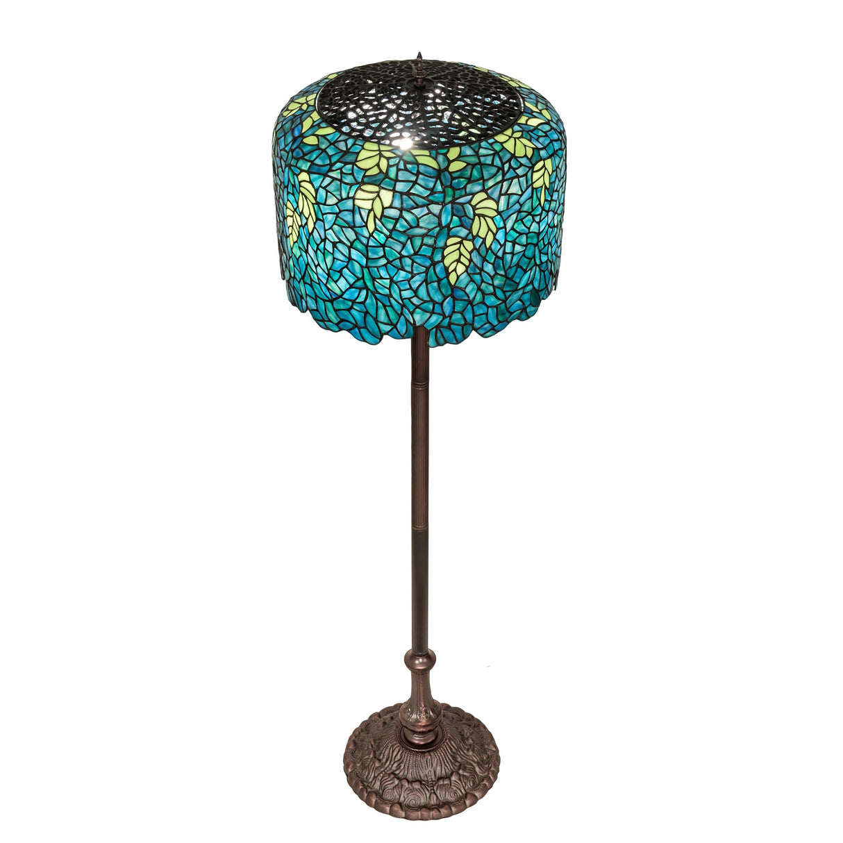 Angled top view of the Tiffany Wisteria floor lamp showcasing the intricate stained glass shade.