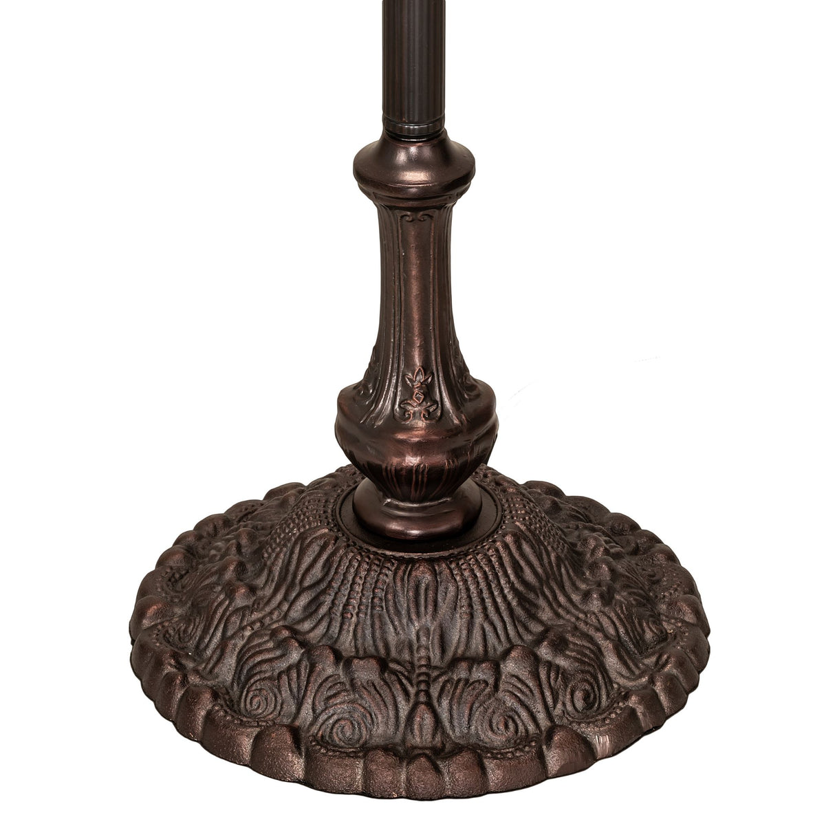 Detailed base of the Tiffany Wisteria floor lamp with ornate bronze finish.