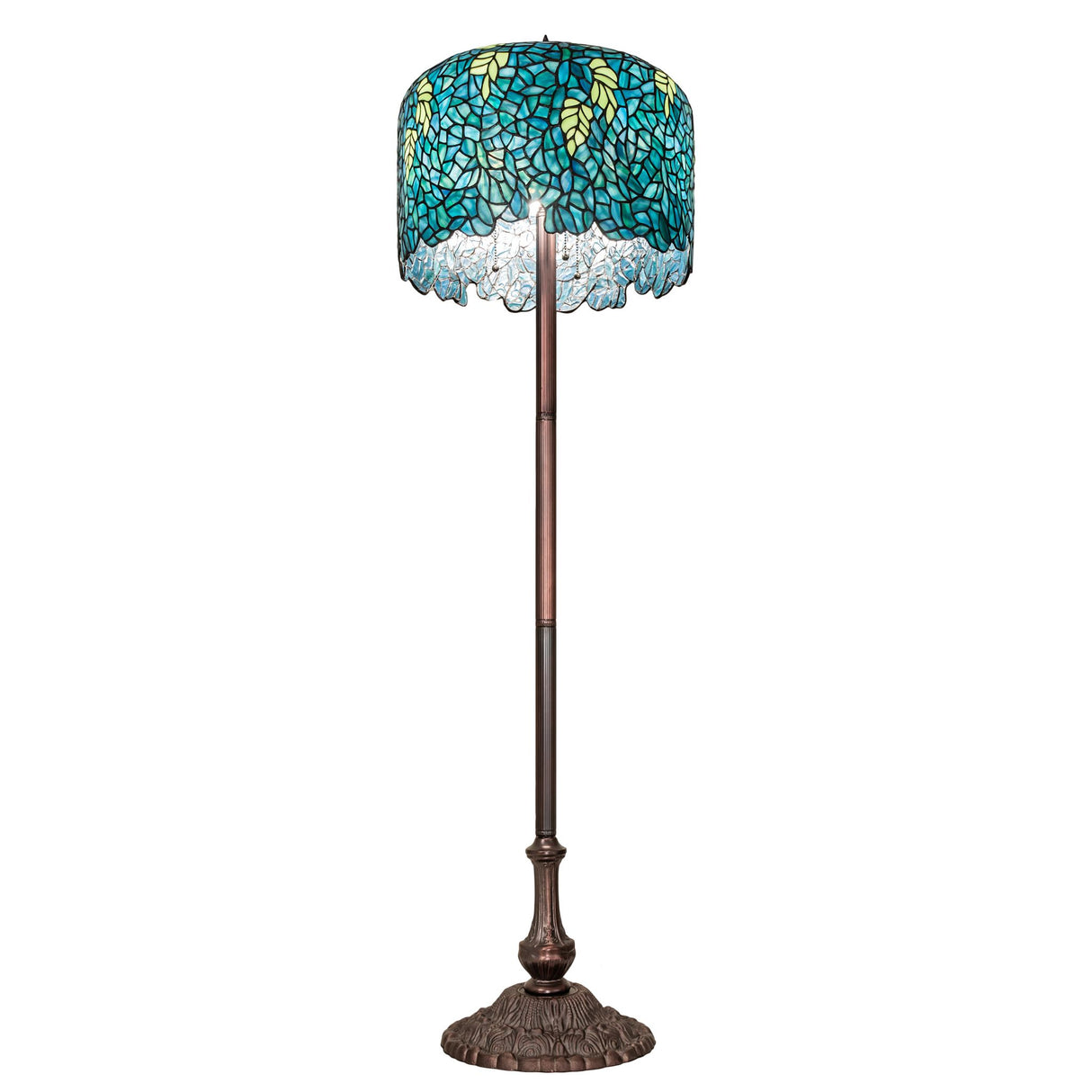 Full view of the Tiffany Wisteria floor lamp with tall bronze stand.