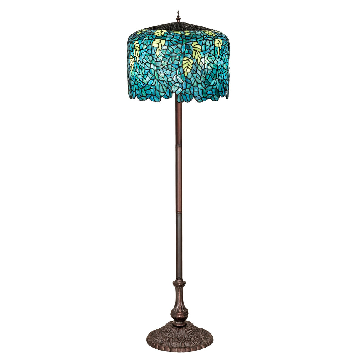 Tiffany Wisteria floor lamp with blue and green stained glass shade and bronze base.