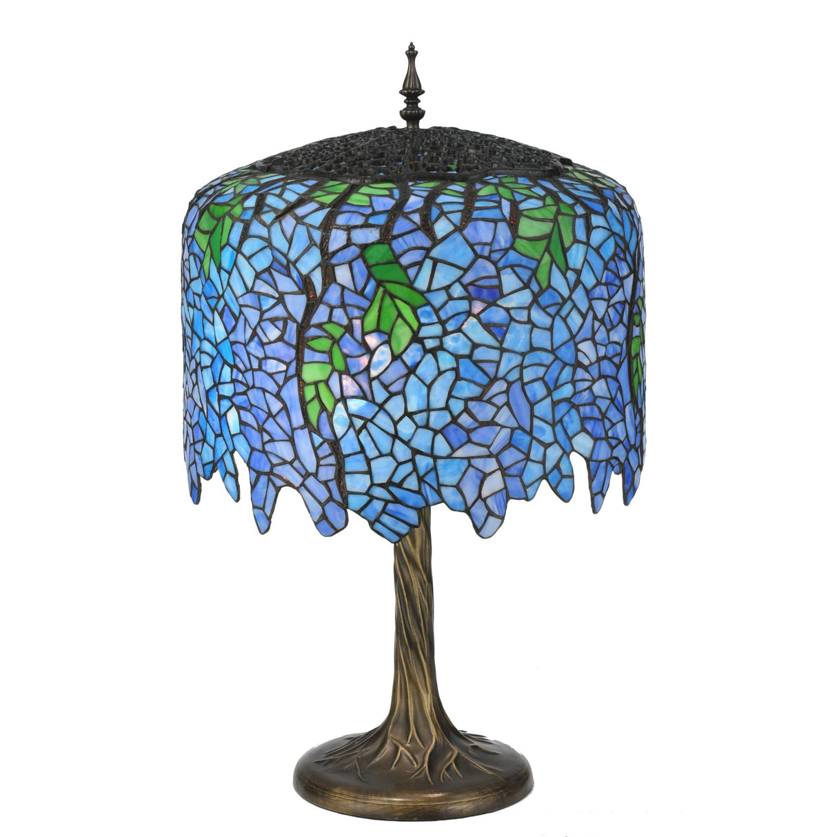 Close-up of blue mosaic details on Tiffany Wisteria lamp.