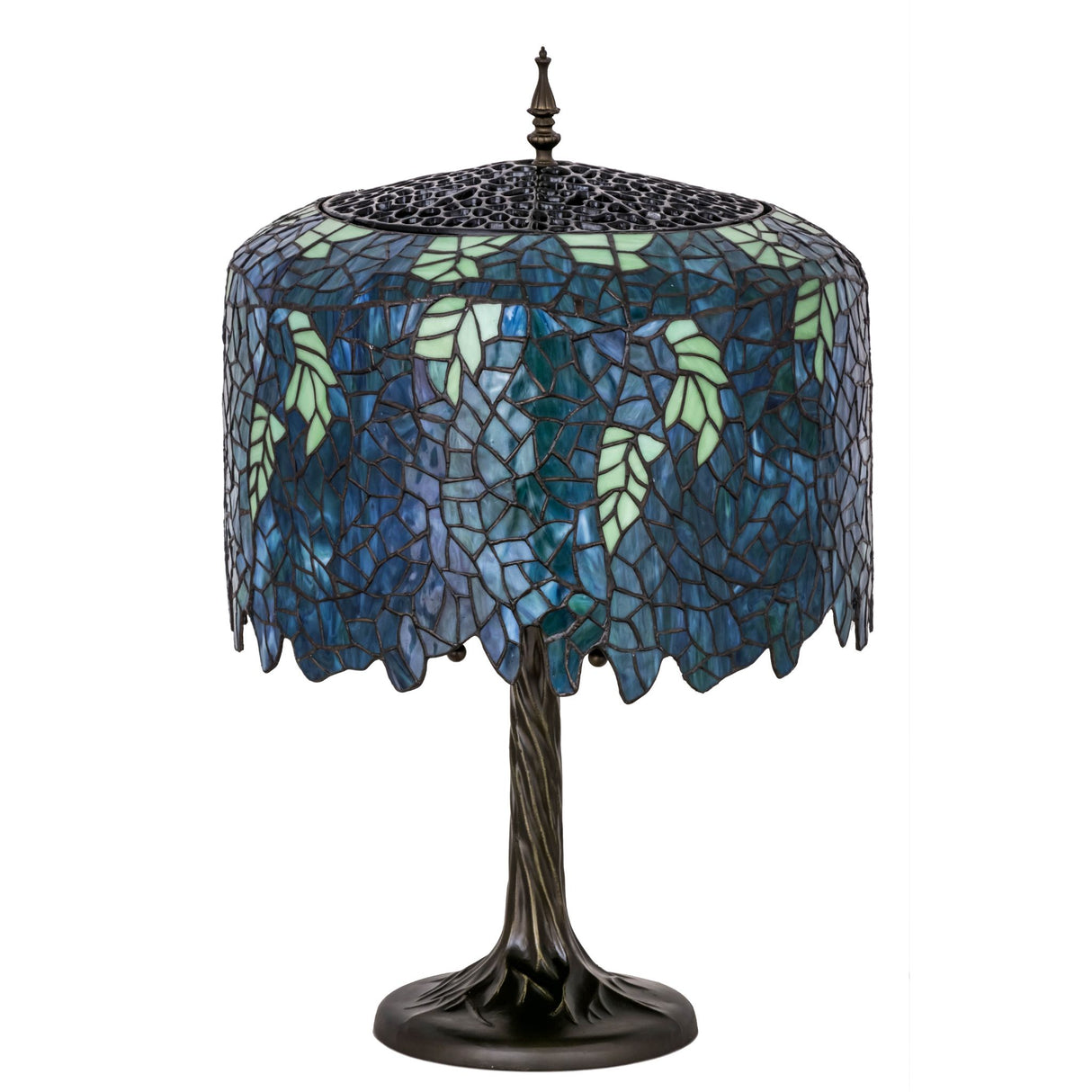 Side view of Tiffany Wisteria lamp showcasing blue mosaic design.