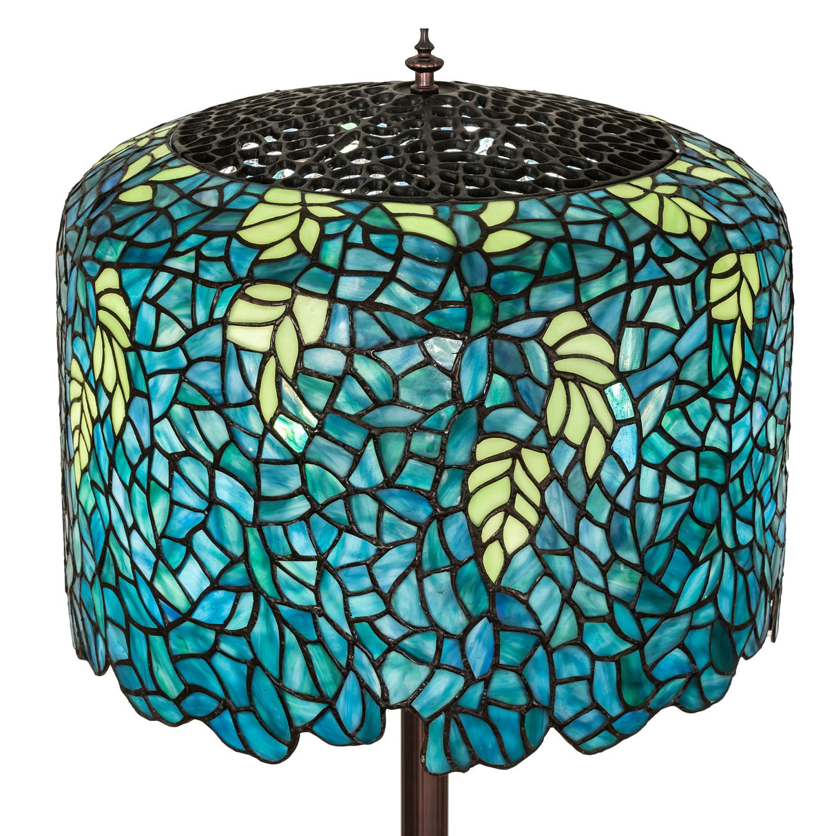 Close-up of the Tiffany Wisteria floor lamp's stained glass shade.