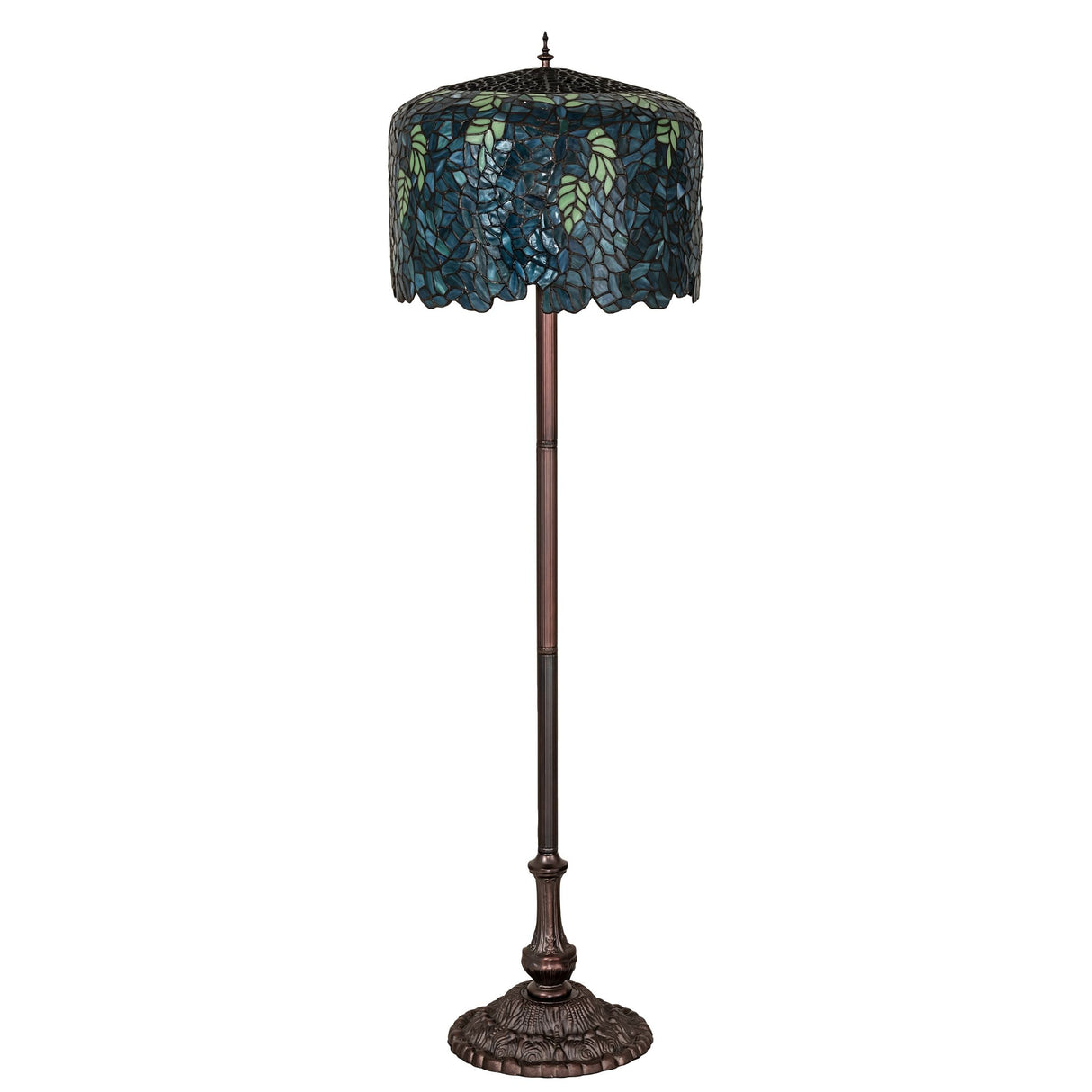 Side view of the illuminated Tiffany Wisteria floor lamp with vibrant stained glass shade.