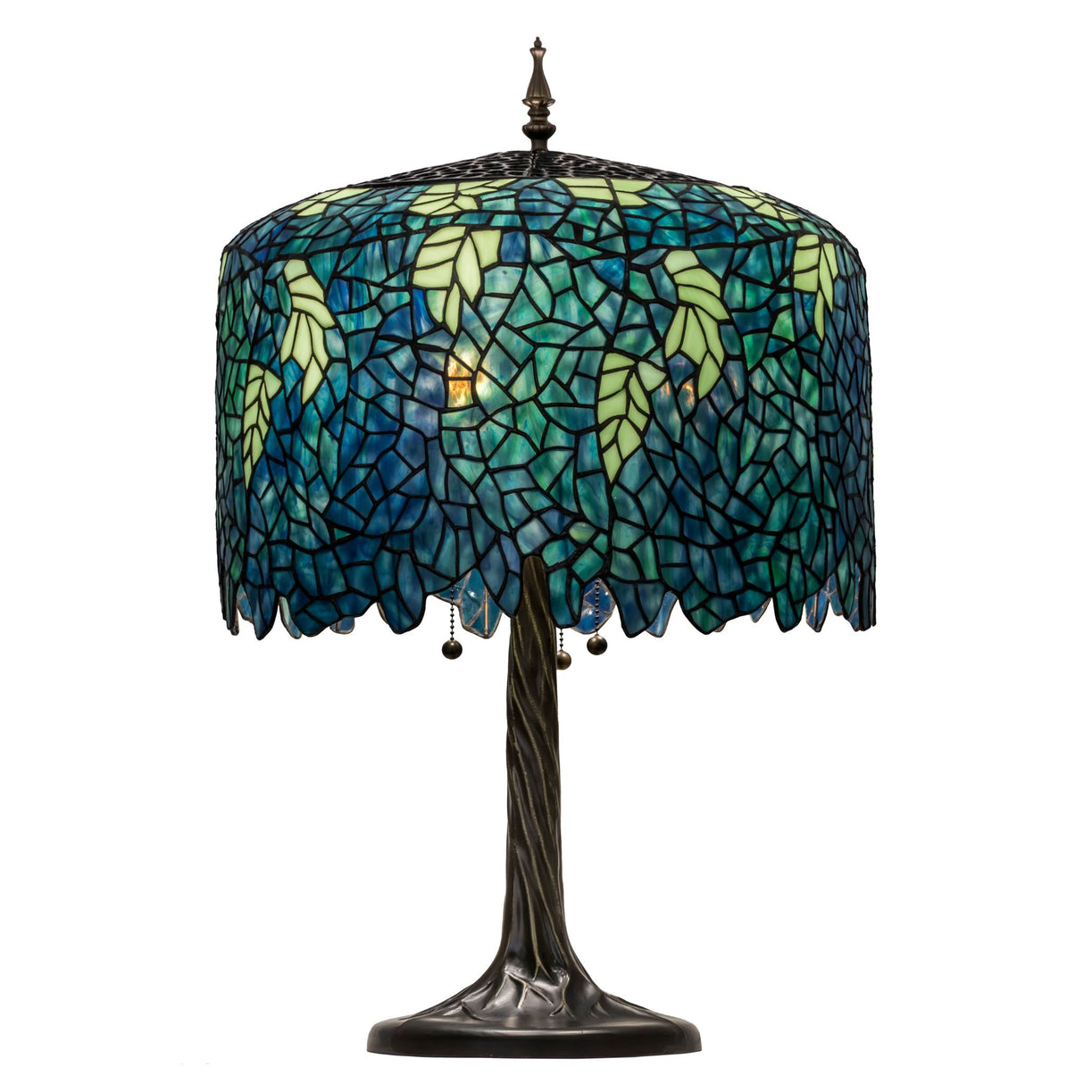 Full view of Tiffany Wisteria table lamp showcasing intricate blue stained glass.