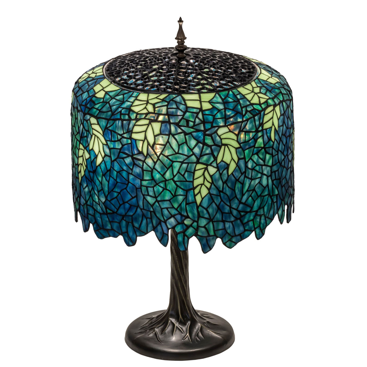 Close-up of Tiffany Wisteria lamp's top showing stained glass patterns.
