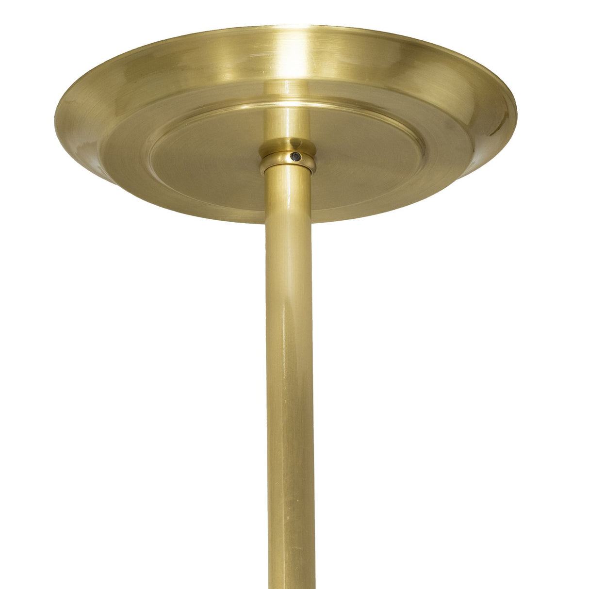 Detailed view of brushed brass canopy and downrod.