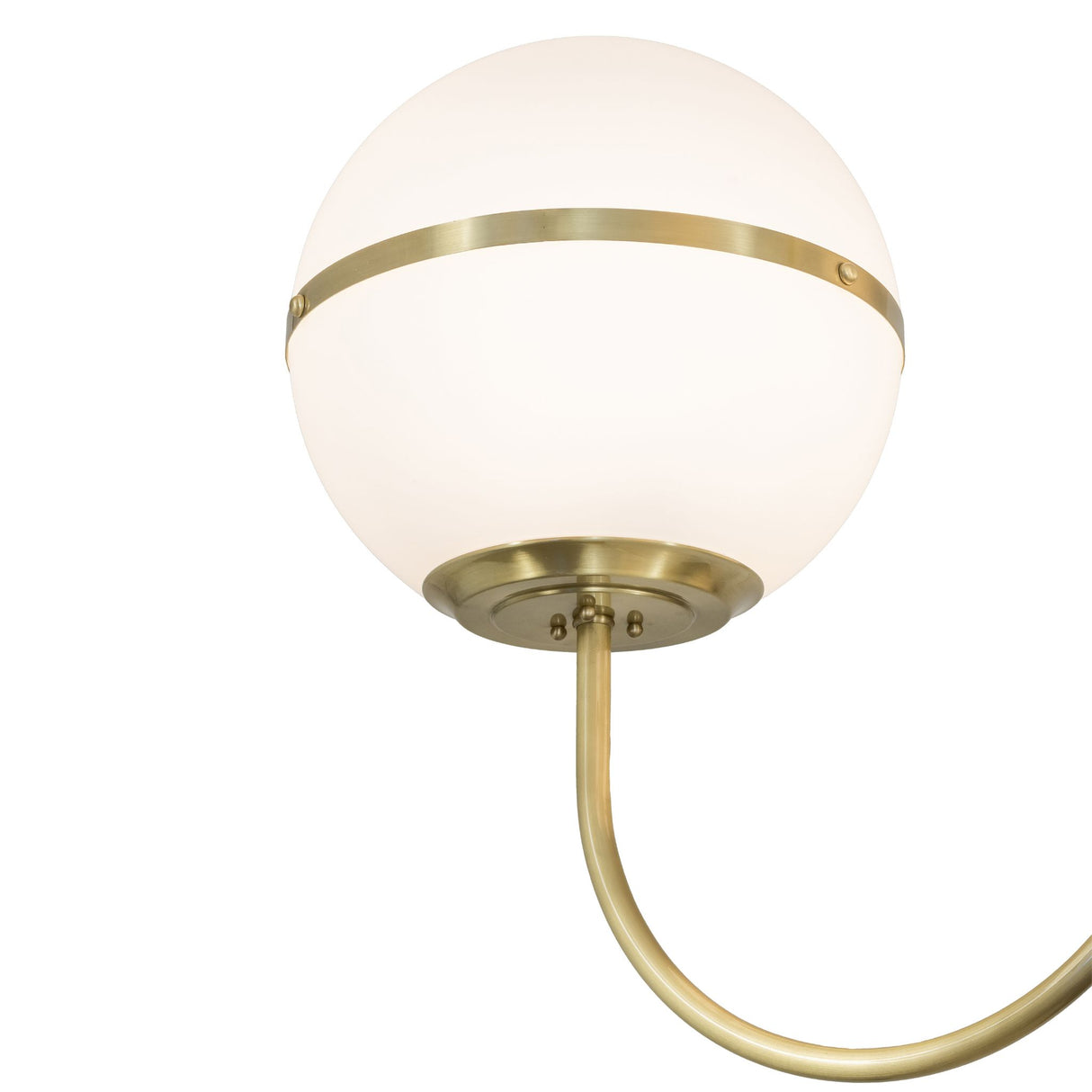 Close up view of matte white glass shade with brass accent band.