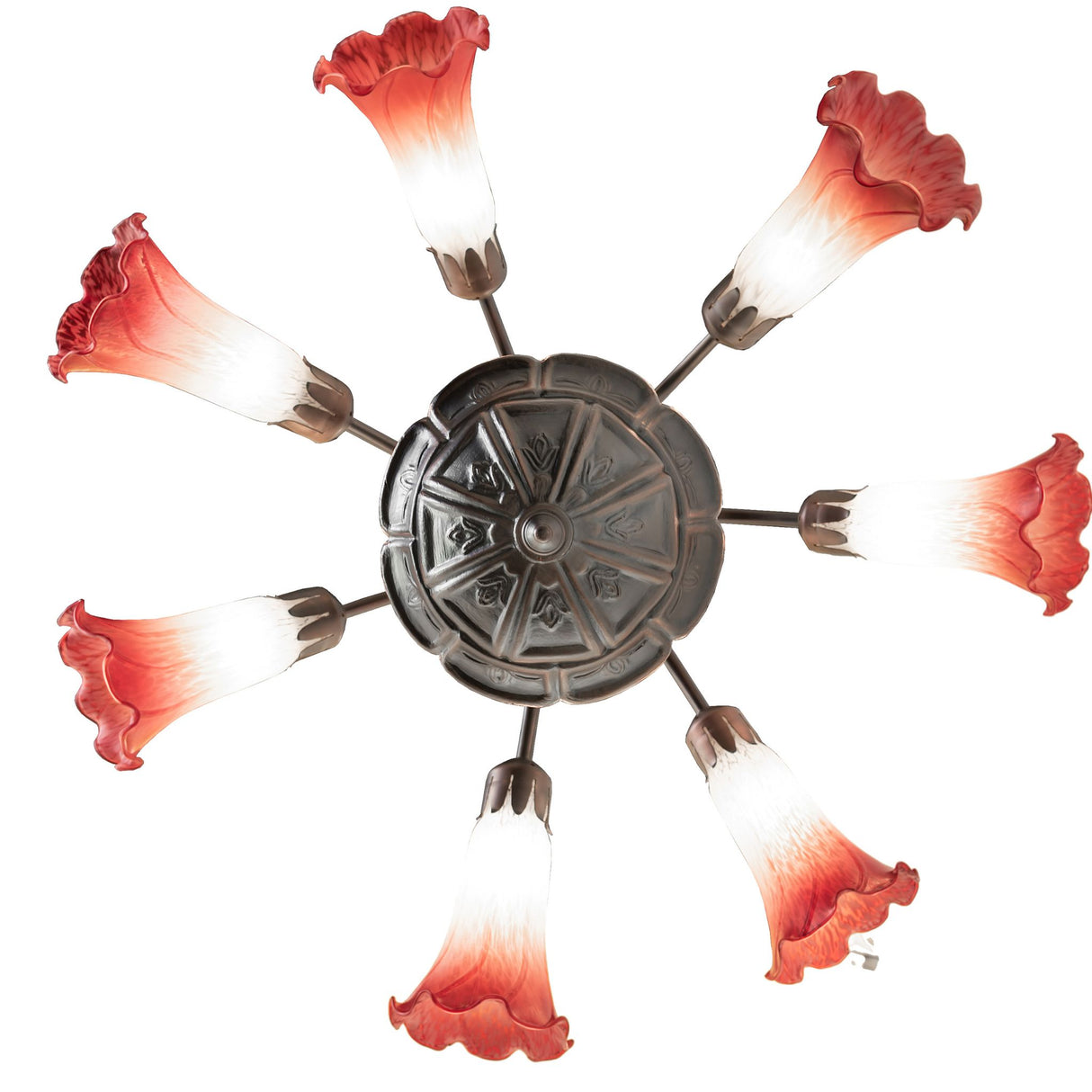 Top-down view of Tiffany chandelier with pink and white lily shades.