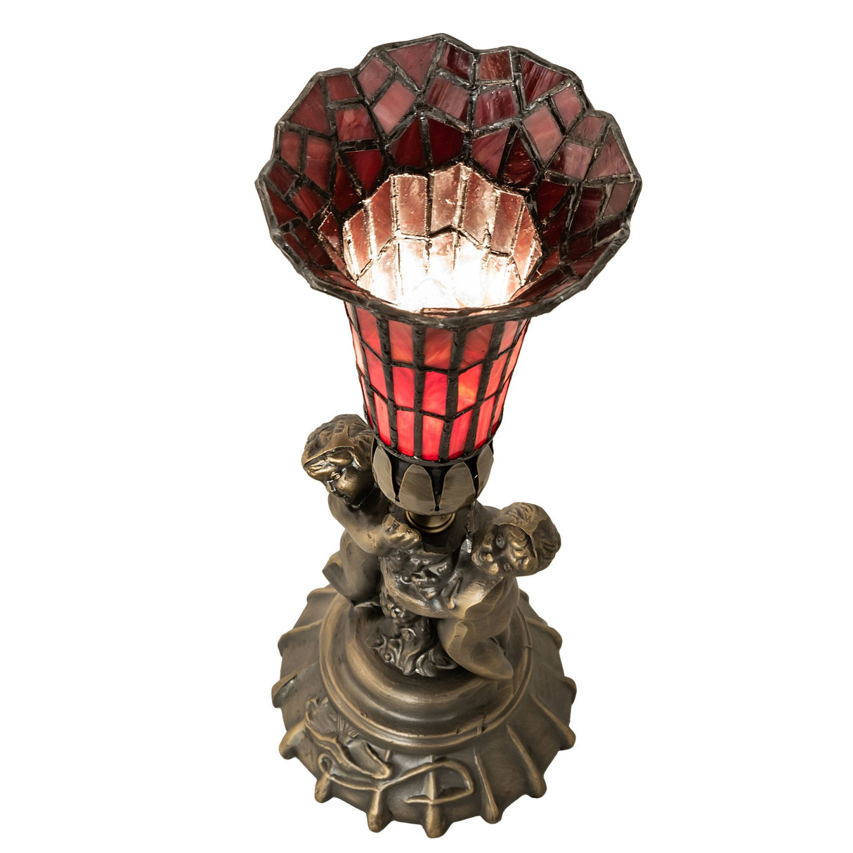 Top view of a stained glass pond lily lamp with twin cherubs base.