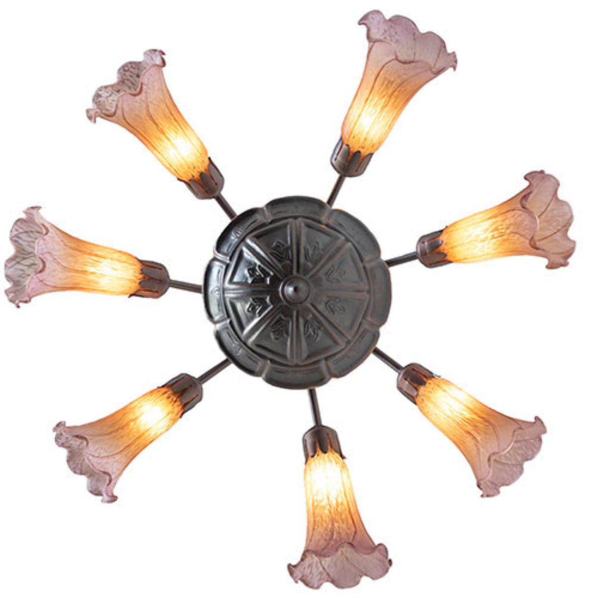 Top view of a chandelier showcasing ornate design and seven glowing lily shades.