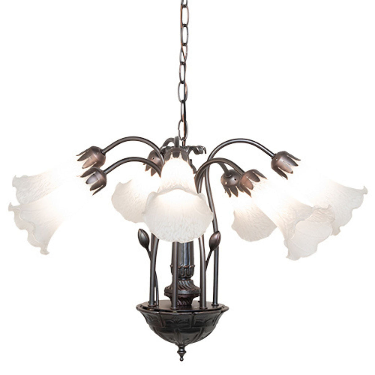 Top view showing white lily arrangement on Tiffany chandelier