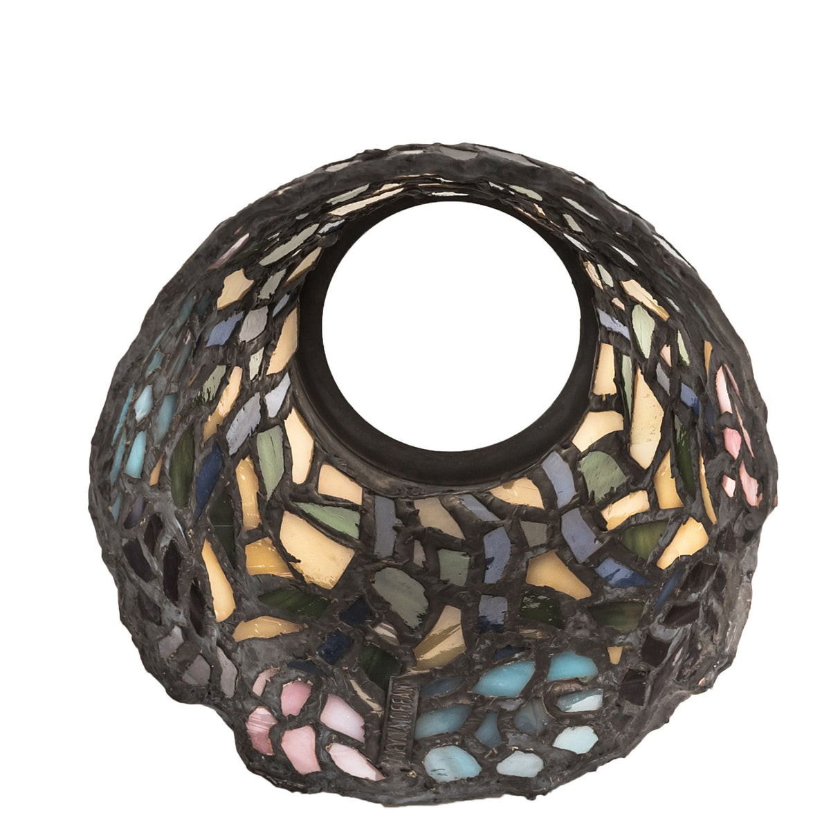 Top view of Wisteria fan light shade featuring intricate stained glass design.