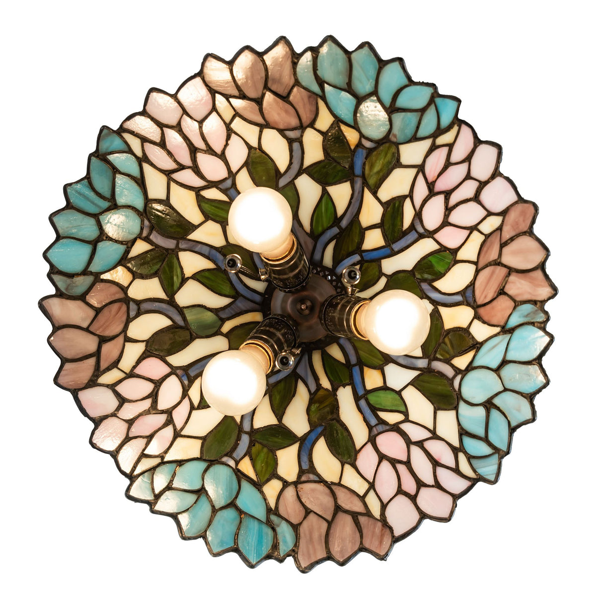 Top-down view of Wisteria pendant’s multicolored stained glass.